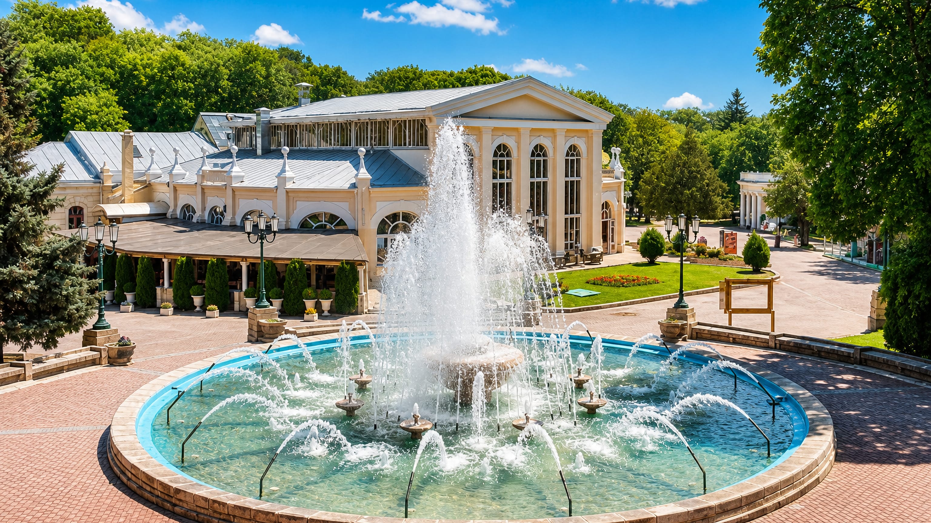Fountain and neoclassical spa pavilion in Yessentuki's resort park under a clear summer sky.