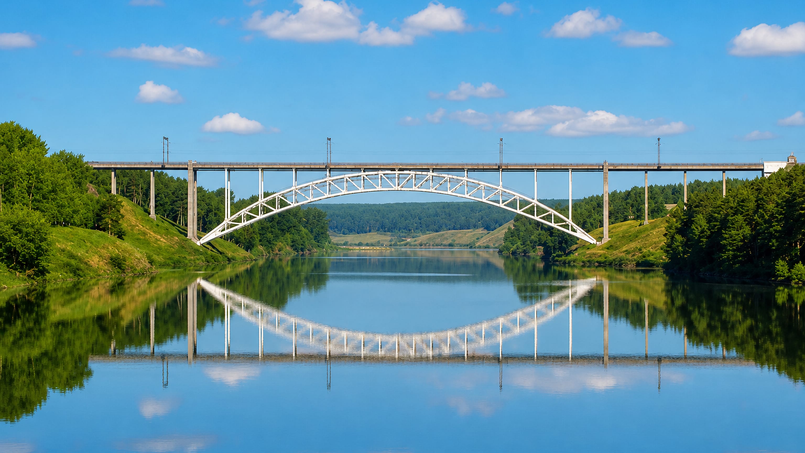 A steel arch railway bridge mirrored in the calm Iset River at Kamensk-Uralskiy, Russia.