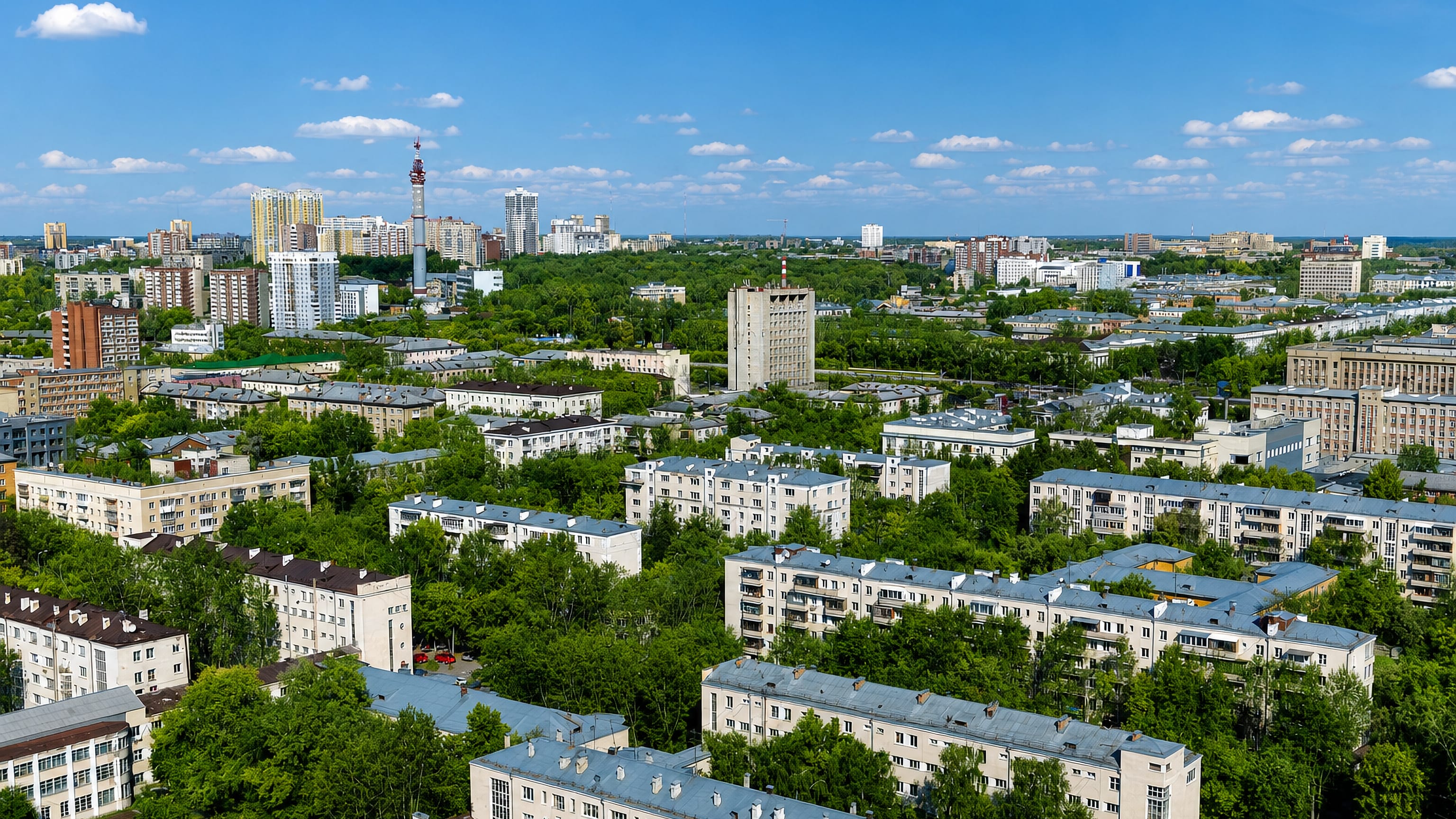 Aerial view of low-rise Soviet-era blocks and greenery at the Gospromural estate, Yekaterinburg.