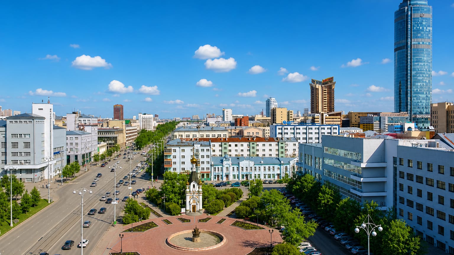 Central Yekaterinburg with the glass Vysotsky skyscraper towering over a boulevard, chapel and circular plaza.