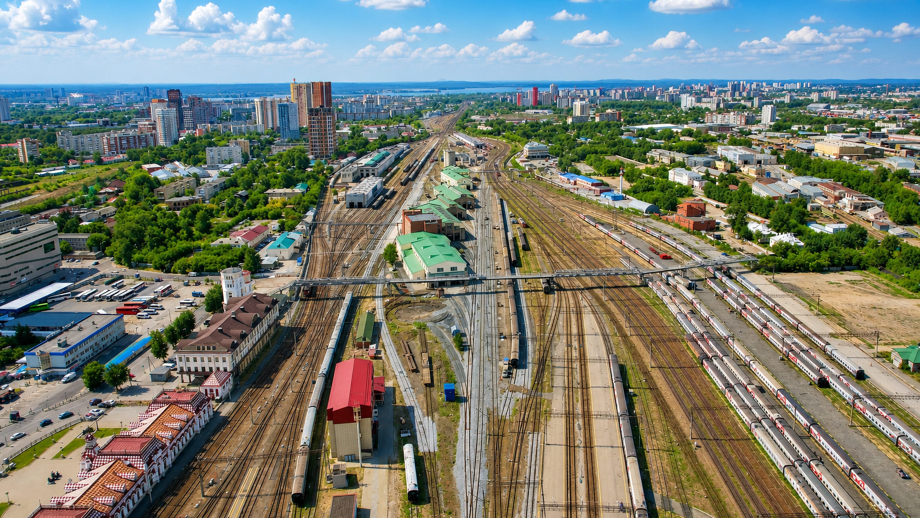 Aerial view of the rail yards and city beyond in Yekaterinburg's Zheleznodorozhniy District.