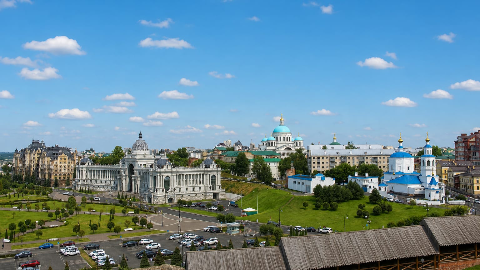 Kazan skyline with the Palace of Farmers, Kremlin walls and golden and blue Orthodox church domes