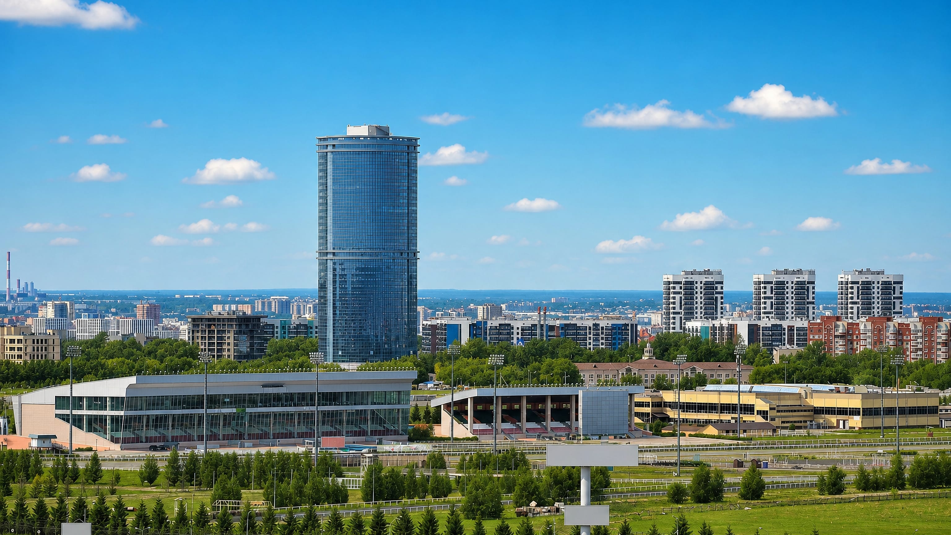 Glass high-rise tower above a sports arena and green open ground in Kazan's Sovetsky City District.