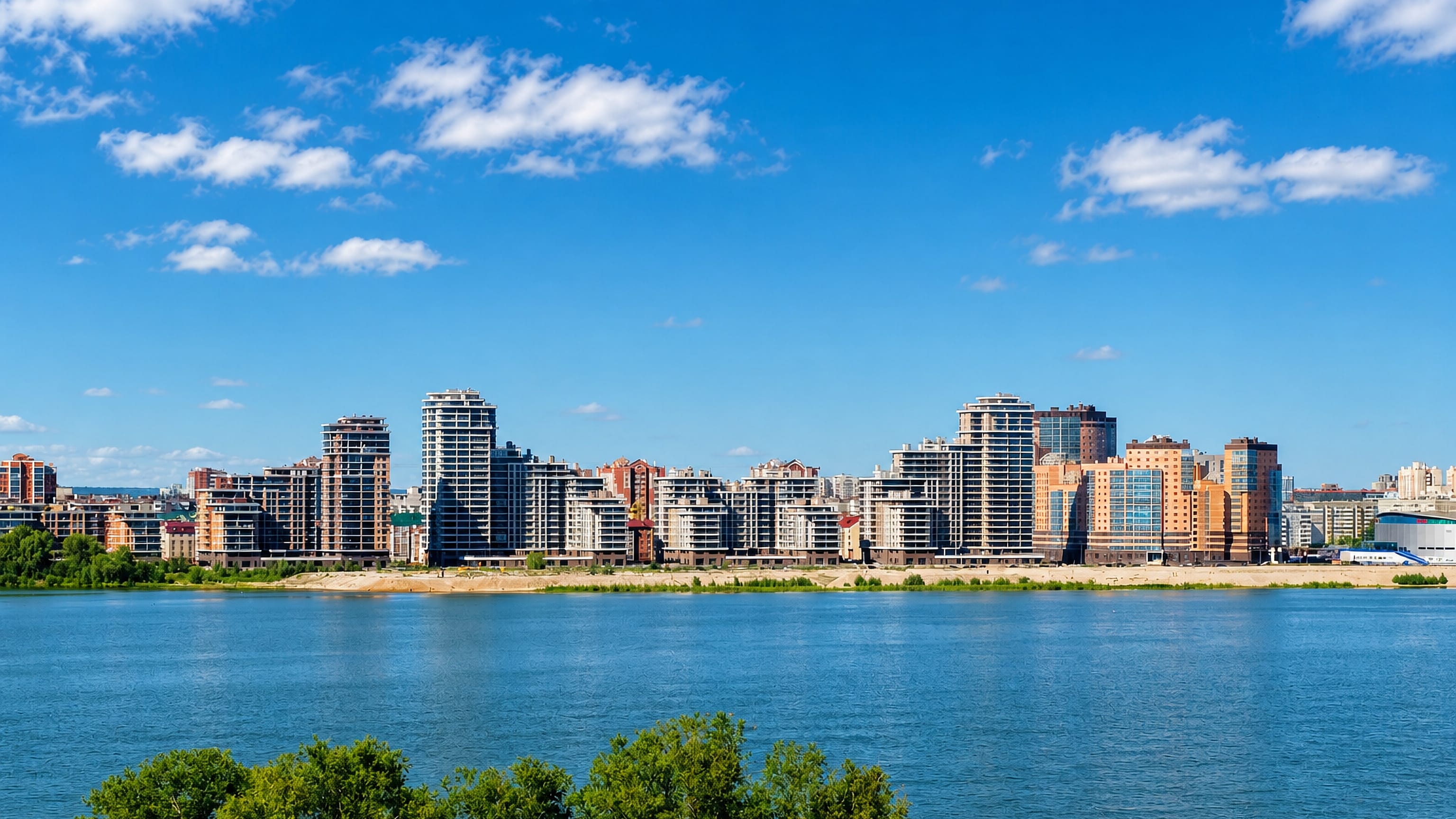 High-rise apartment blocks lining the Kazanka riverfront in Yana Sawin City District, Kazan