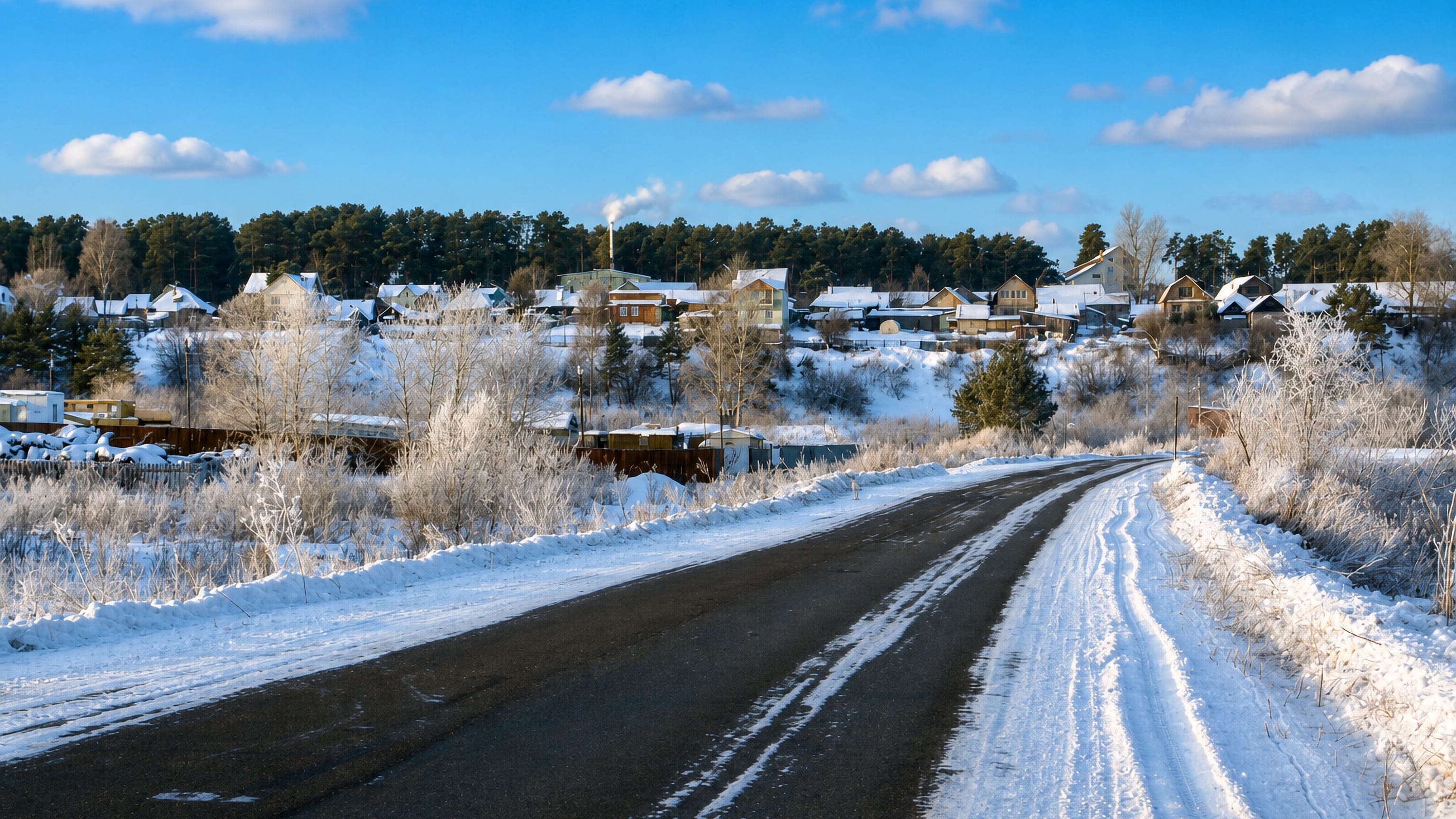 Snow-covered wooden houses and pine forest along the road into Timiryazevskoye near Tomsk on a bright winter day.