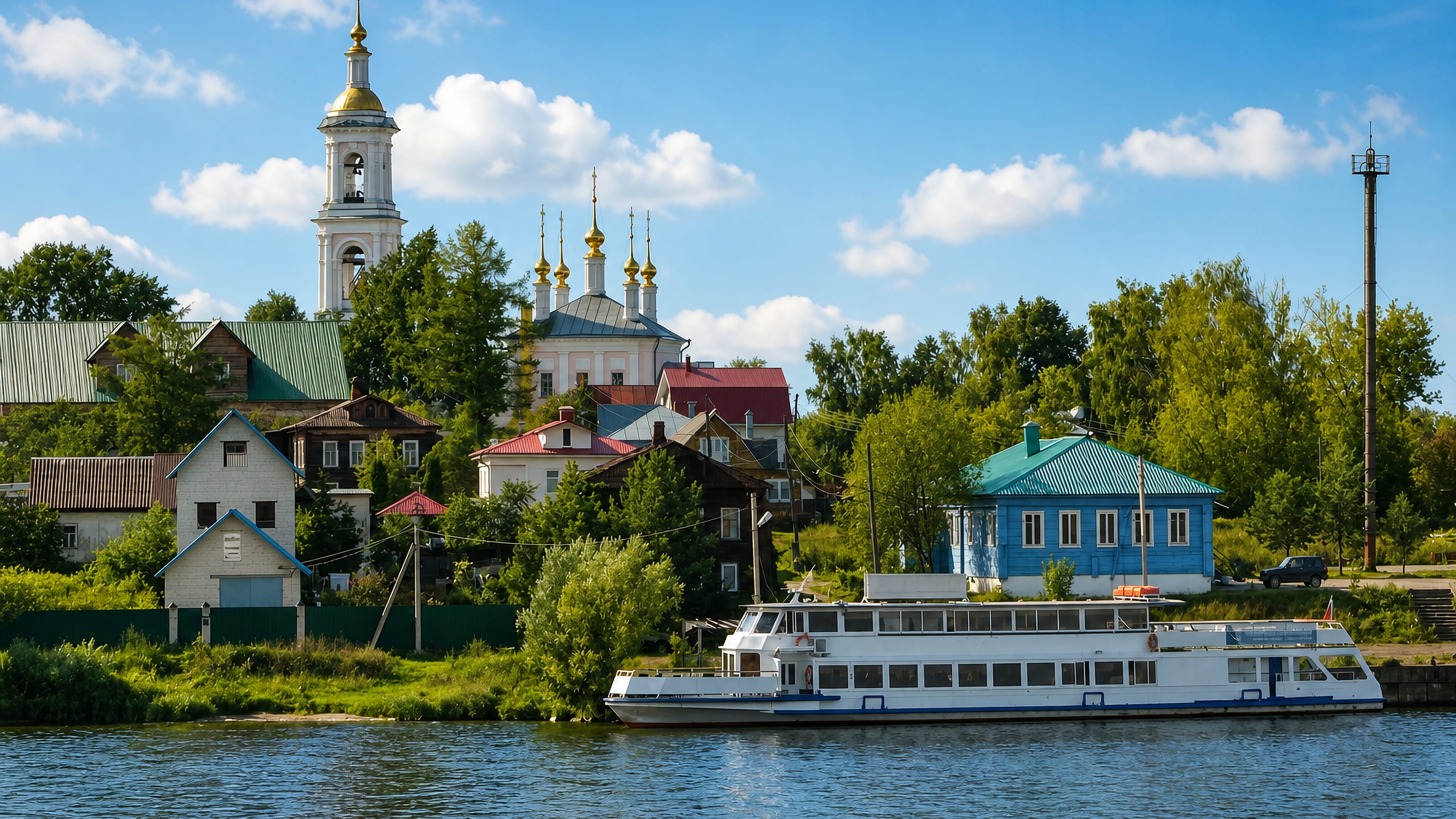 Kimry's Volga waterfront in Russia, with a gold-domed church, wooden houses and a moored river cruiser.