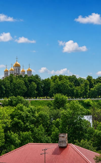 Vladimir's golden-domed Dormition Cathedral and bell tower rising above green treetops and rooftops.