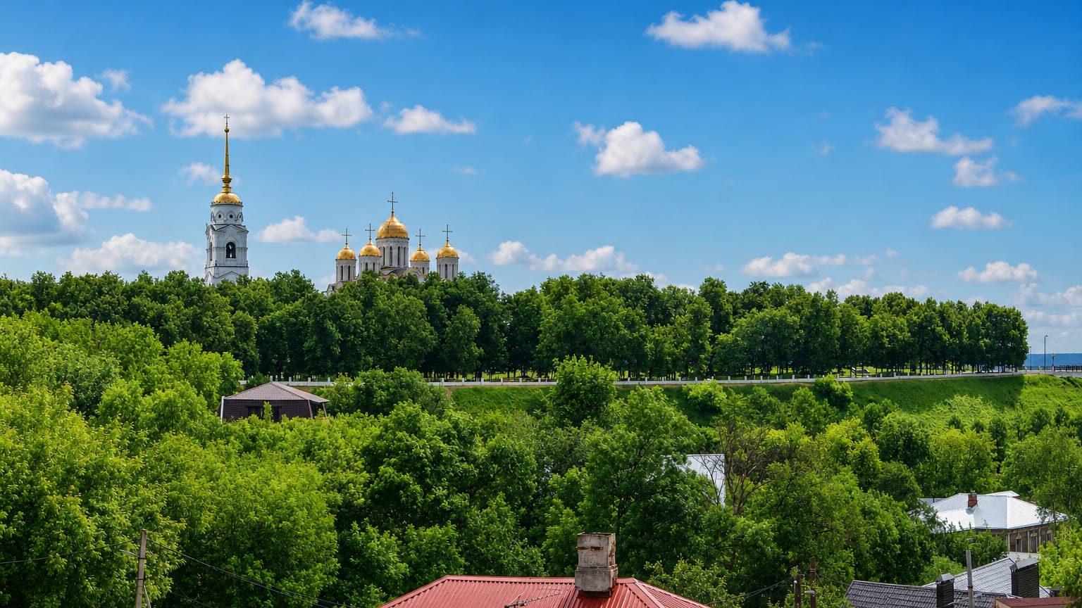 Vladimir's golden-domed Dormition Cathedral and bell tower rising above green treetops and rooftops.