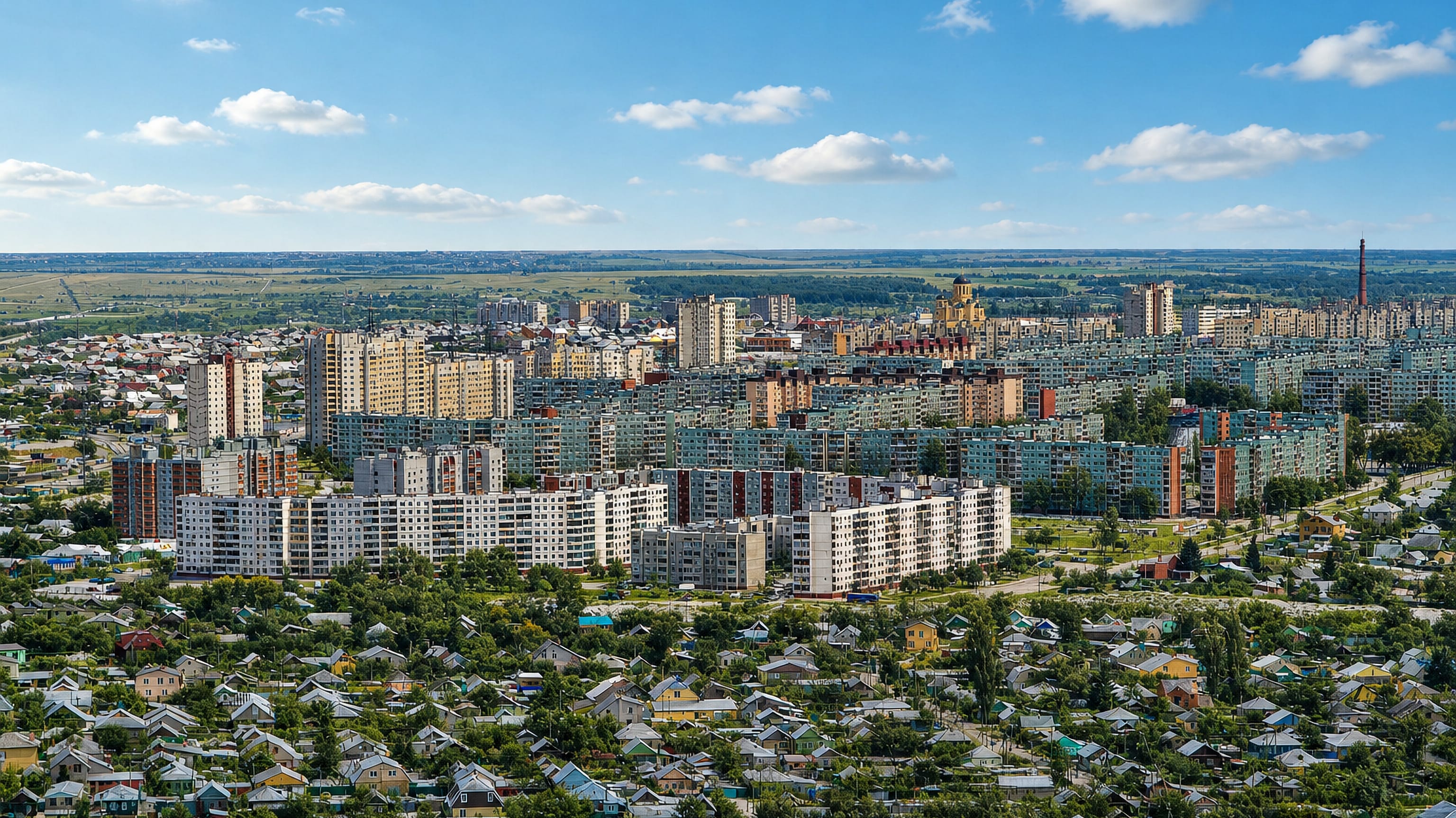 Soviet-era apartment blocks above streets of low wooden houses in Volgograd's Krasnooktyabrsky District