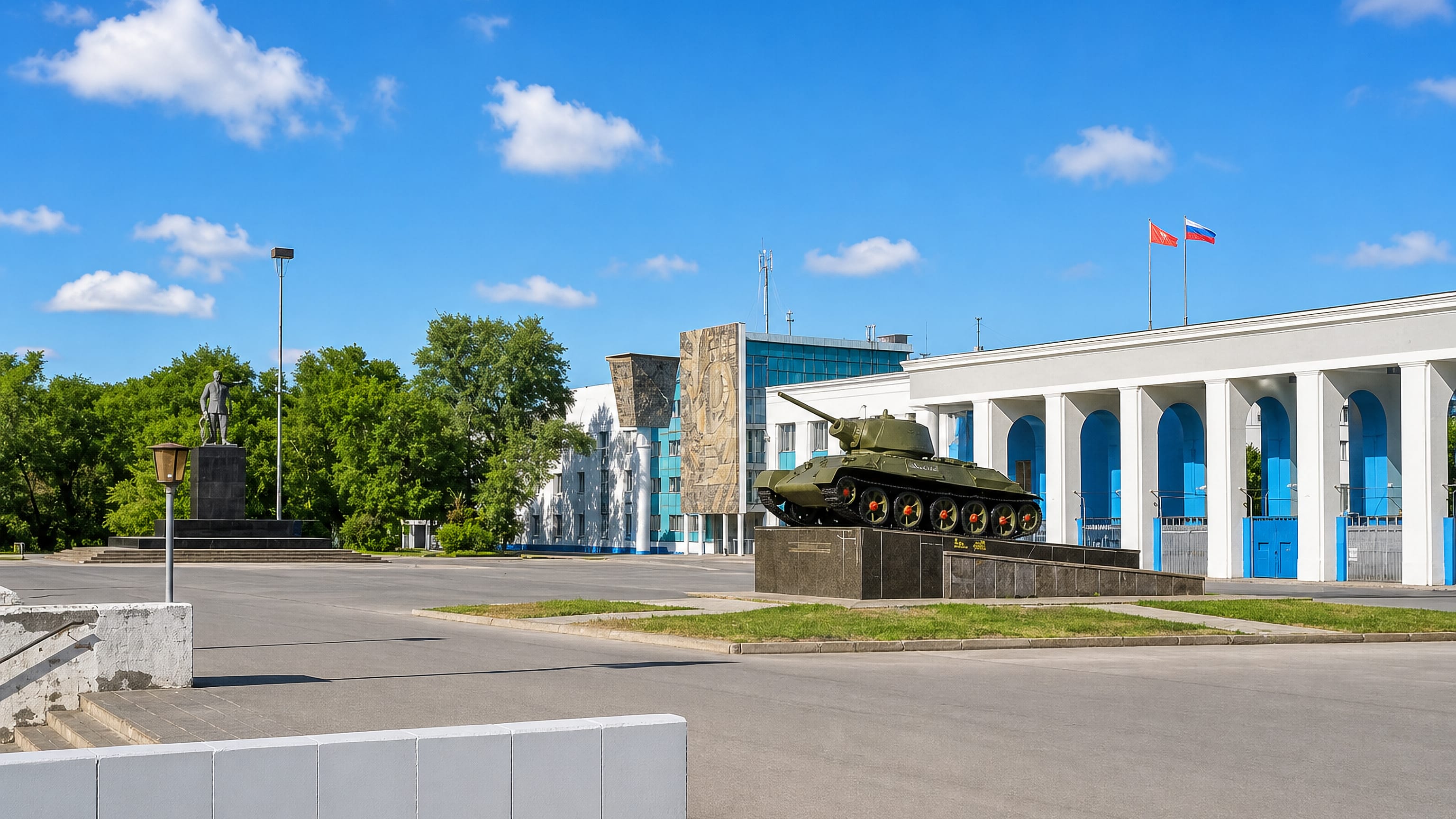 T-34 tank memorial and colonnaded hall on a square in Volgograd's Traktorozavodsky District