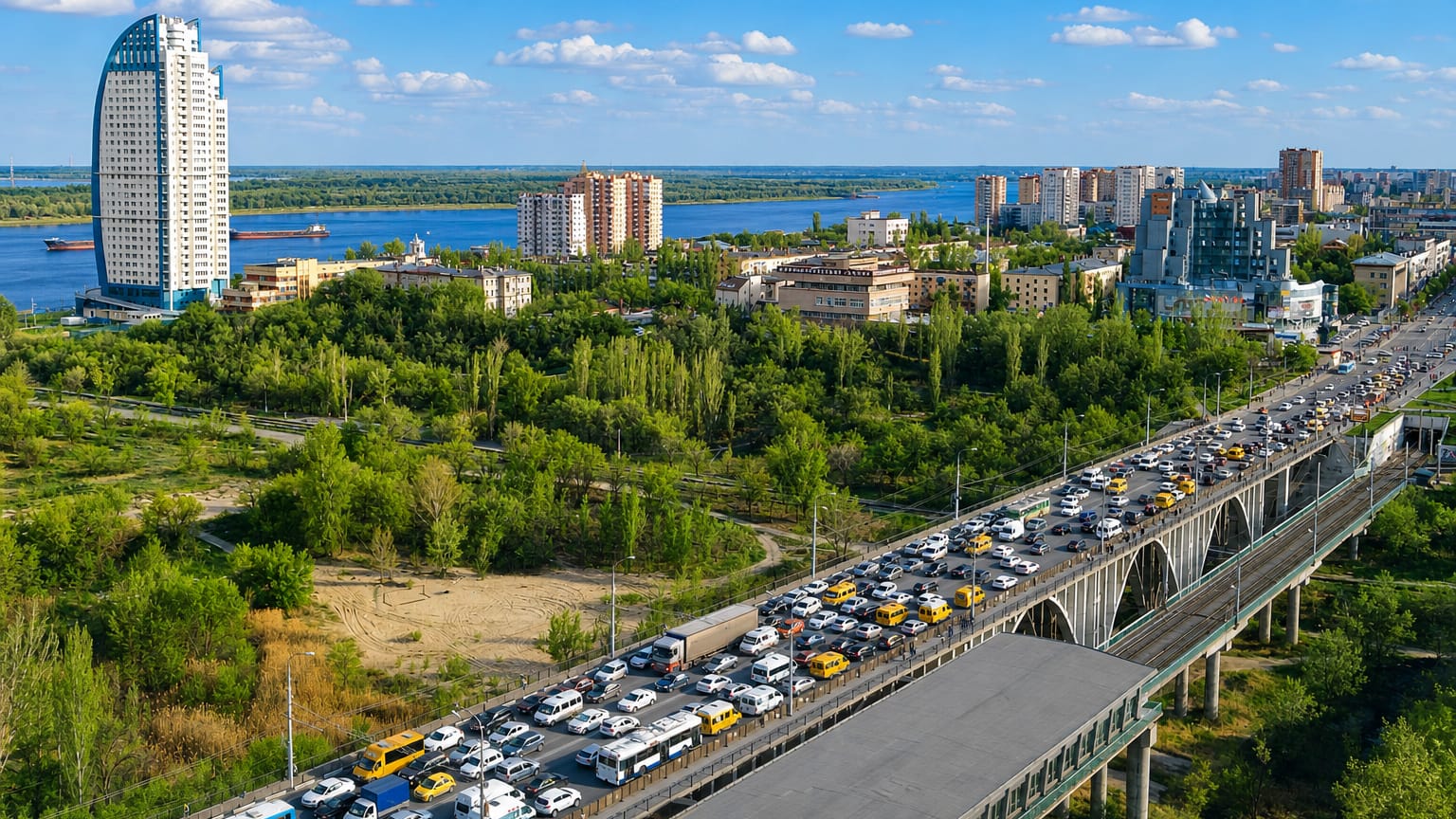 Volgograd's curved sail-shaped riverside tower on the Volga with a busy bridge in the Voroshilovsky District.
