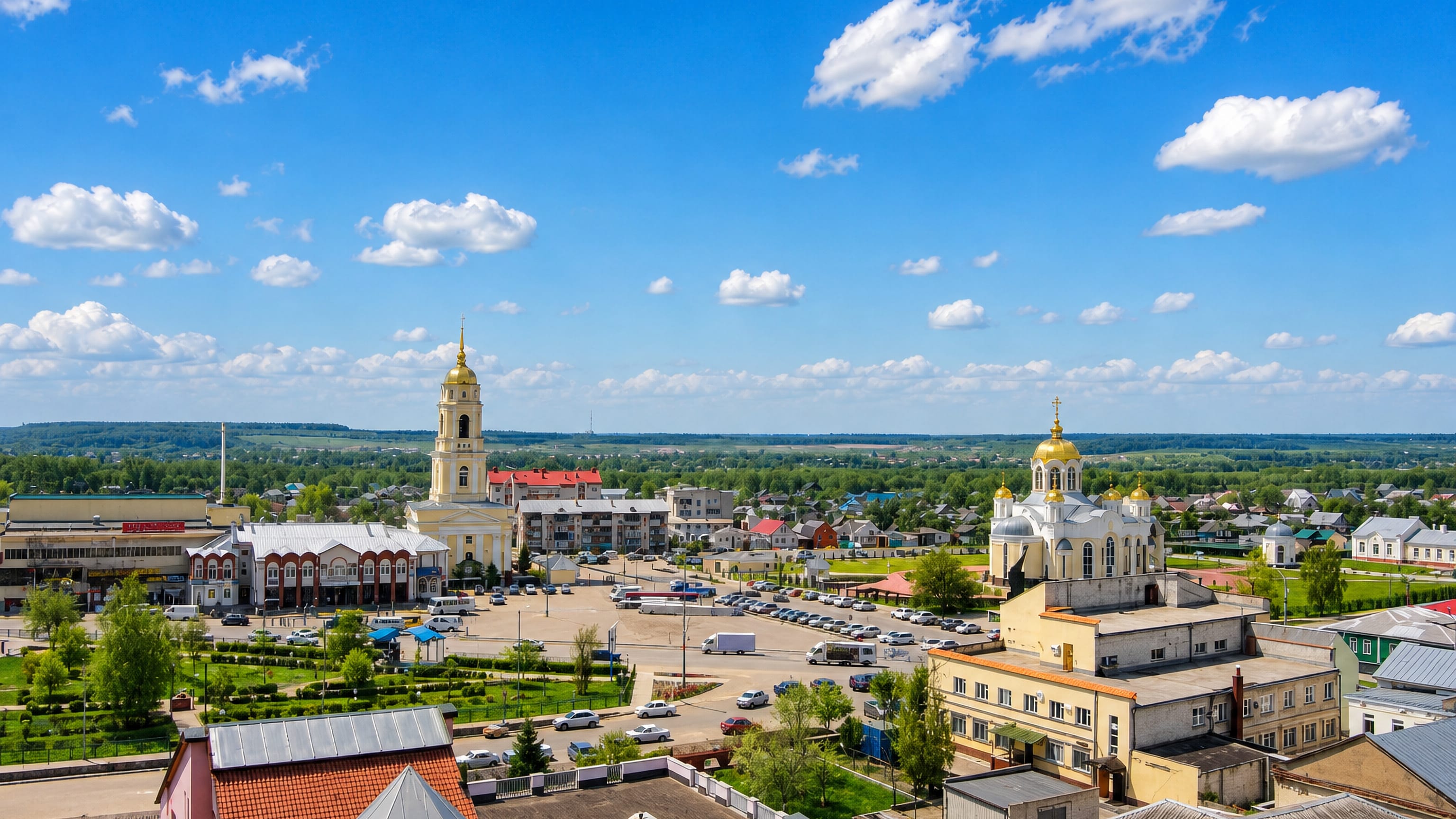 Rossosh town centre with a gold-domed white cathedral, yellow bell tower and market square under a blue sky.
