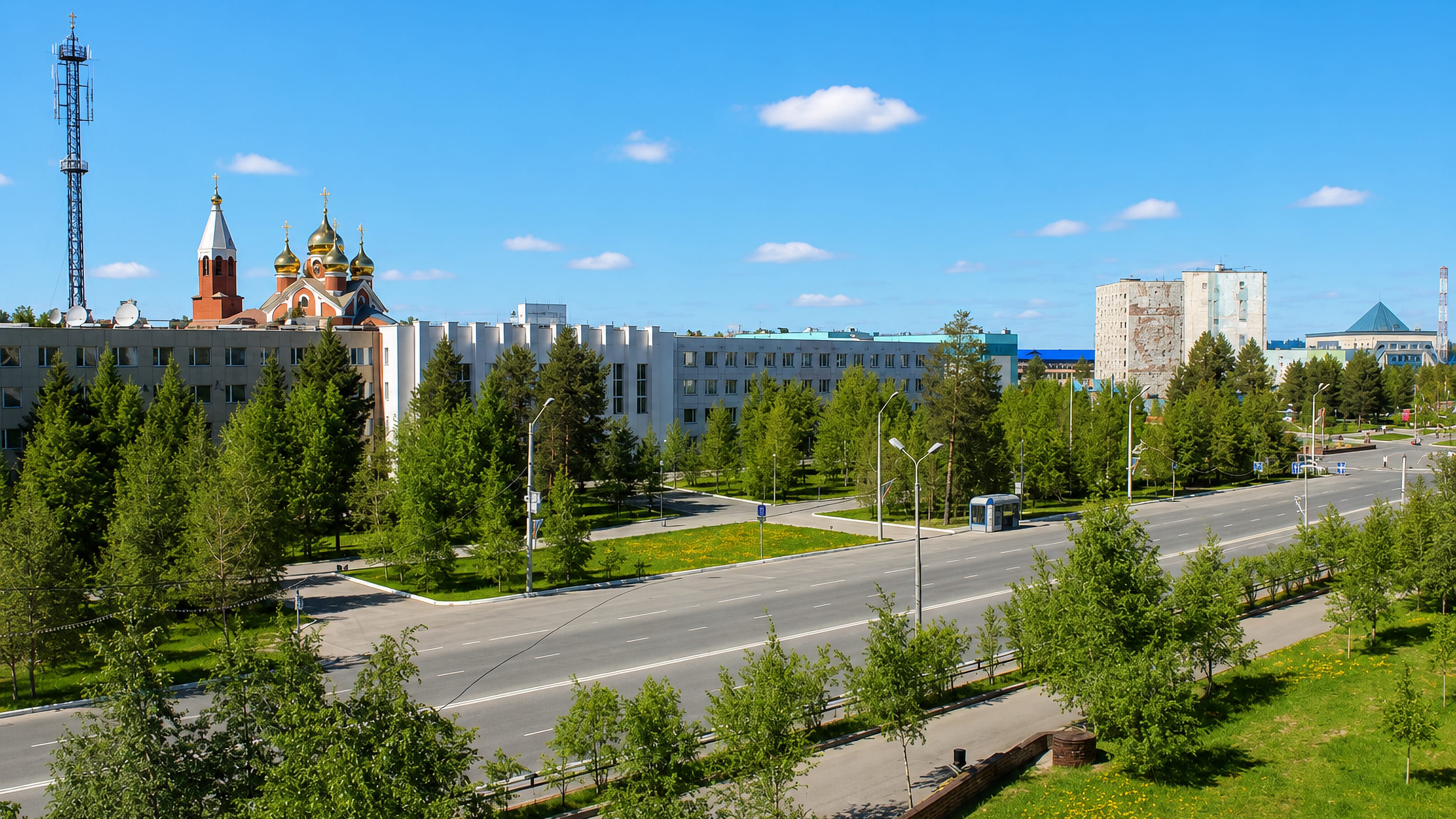 Golden-domed Orthodox church and low apartment blocks beside a wide boulevard in Noyabrsk, Russia, in summer.