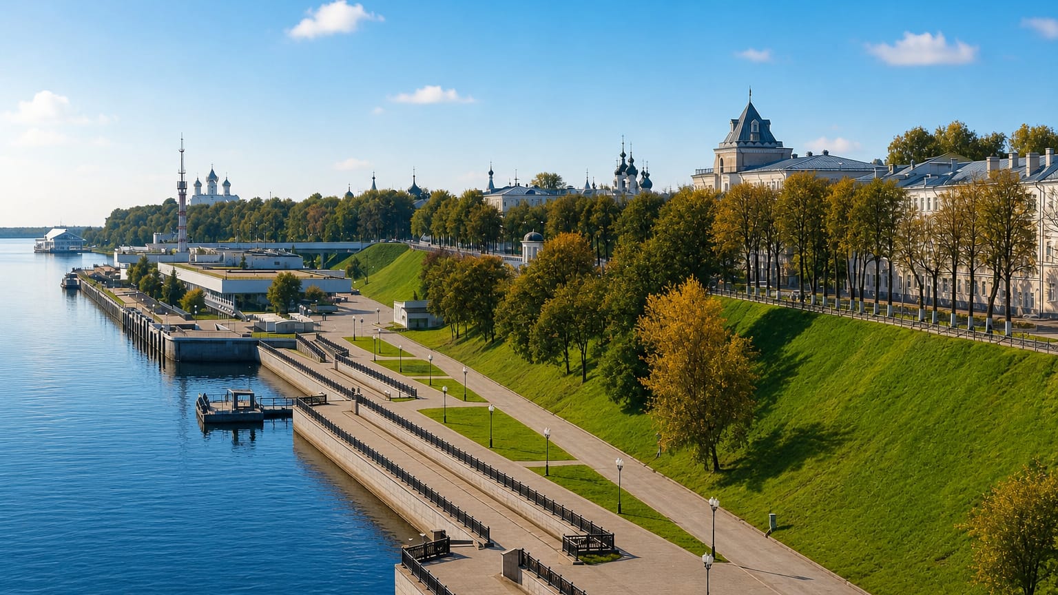 Golden-domed churches along the tree-lined Volga River embankment in Yaroslavl under a clear sky.