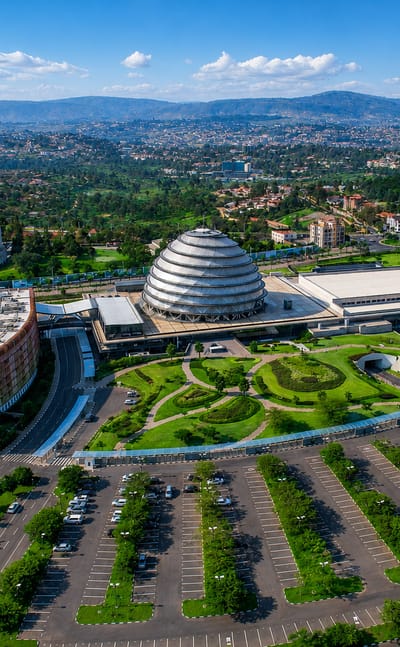 Aerial view of Kigali with the domed Convention Centre, Radisson Blu hotel and green hills of Rwanda's capital.