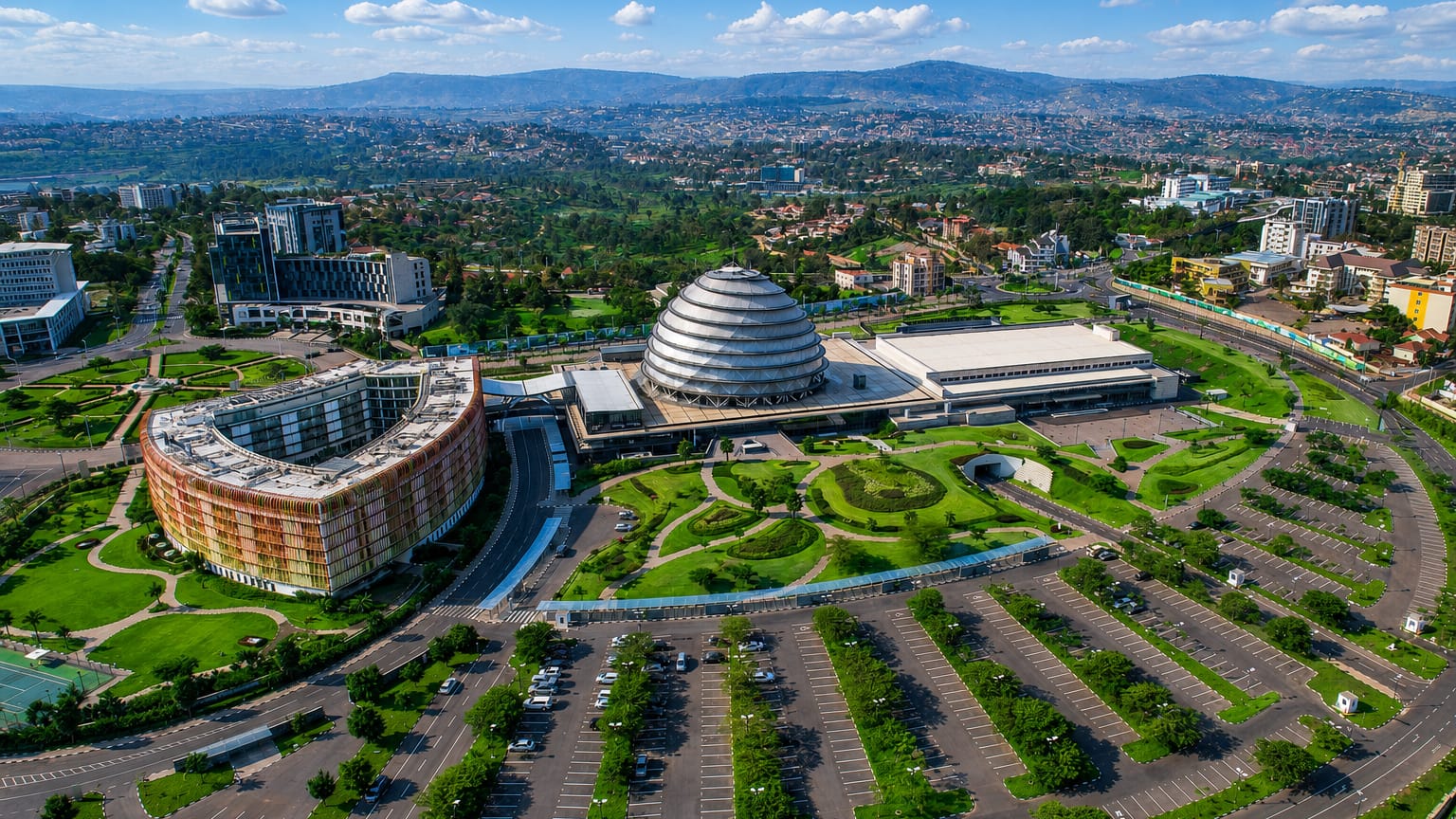 Aerial view of Kigali with the domed Convention Centre, Radisson Blu hotel and green hills of Rwanda's capital.