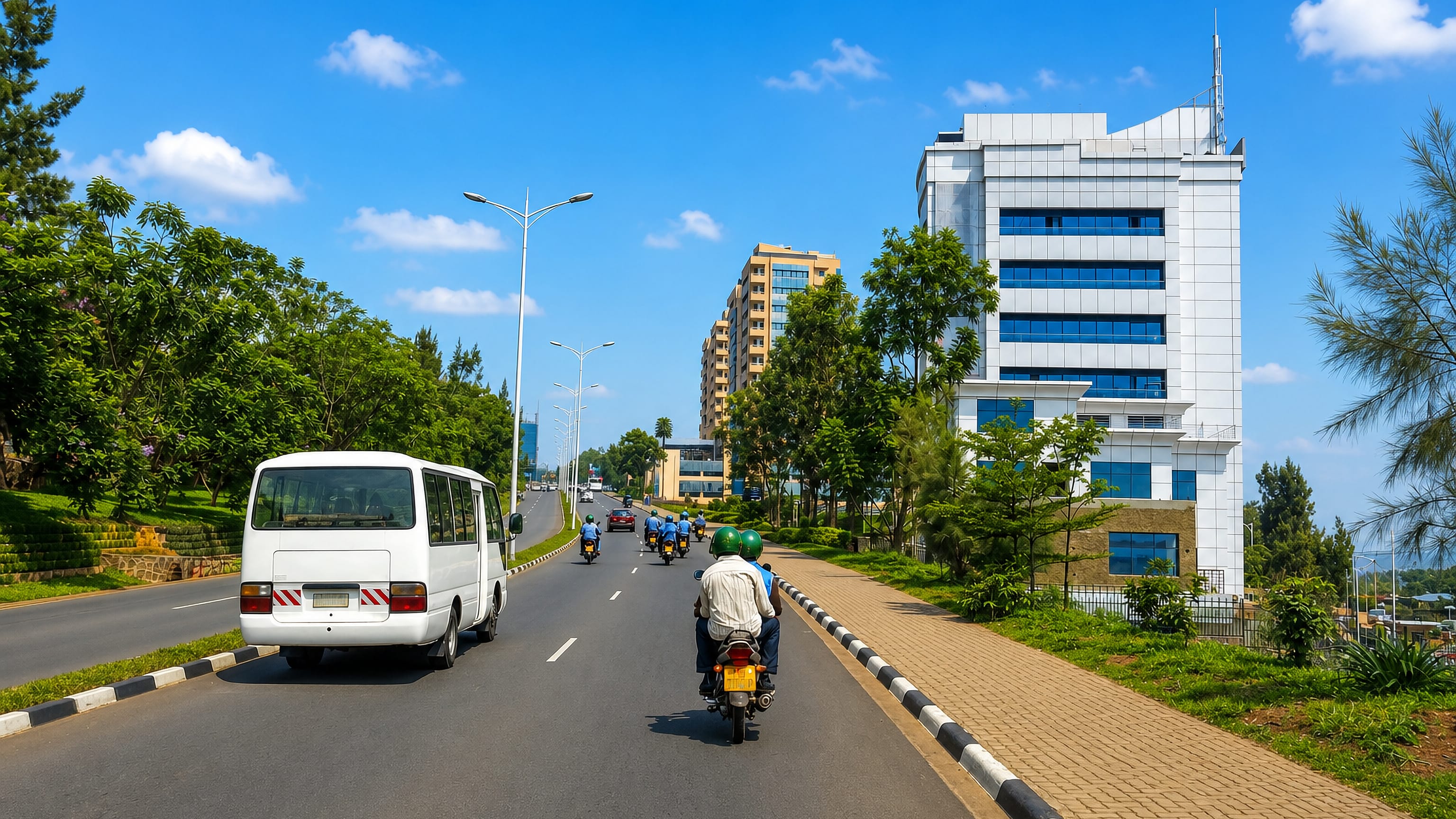 Motorcycle taxis and a minibus on a landscaped boulevard past a glass office tower in Muhima, Kigali.