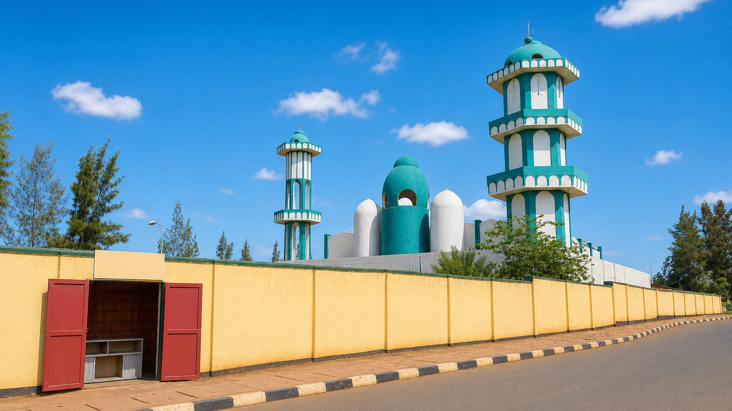 Green-and-white mosque minarets rising above a yellow perimeter wall in Nyamirambo, Kigali.