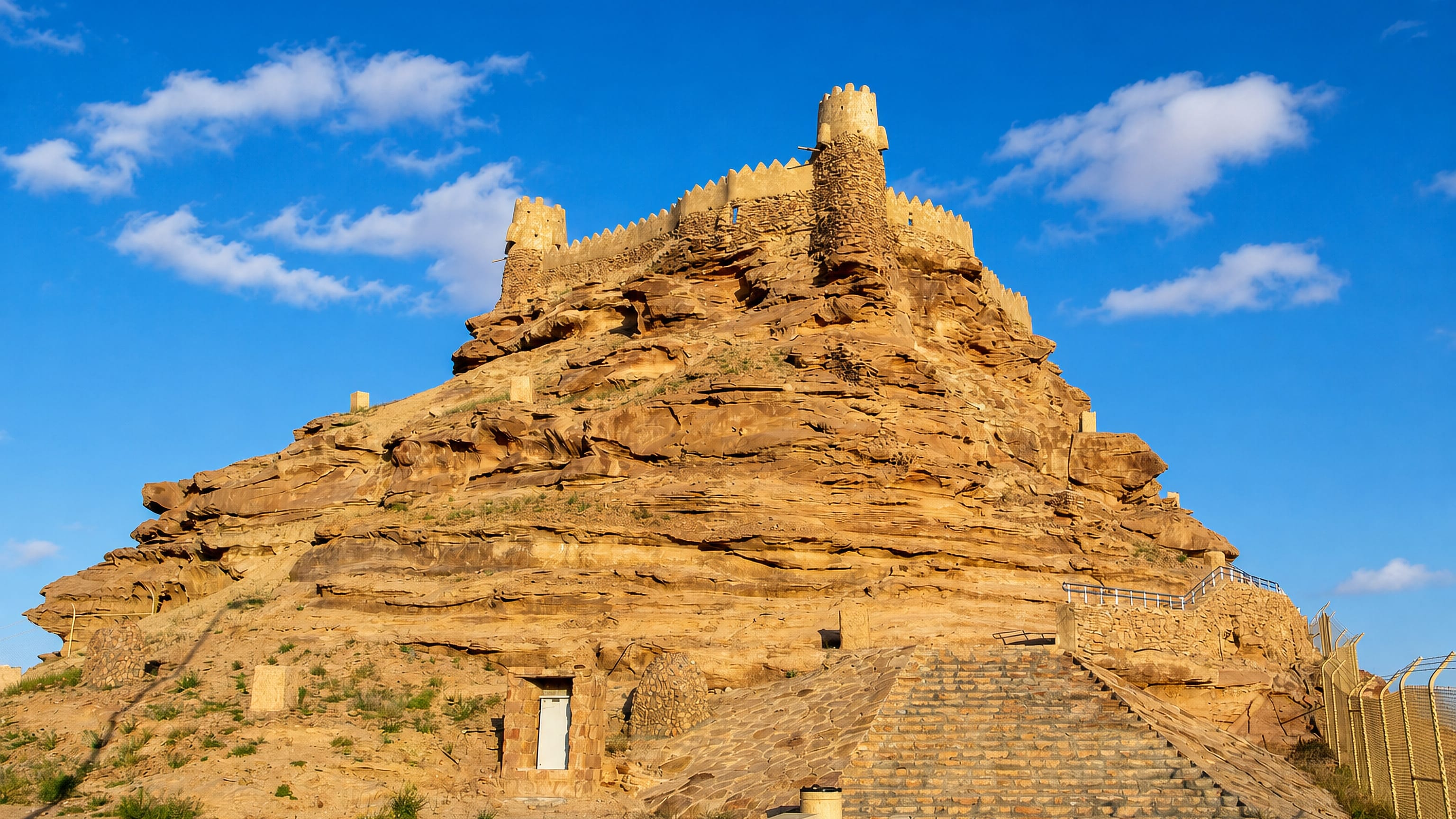 Zabal Castle crowning its sandstone outcrop above Sakakah in Saudi Arabia's Al Jawf region.