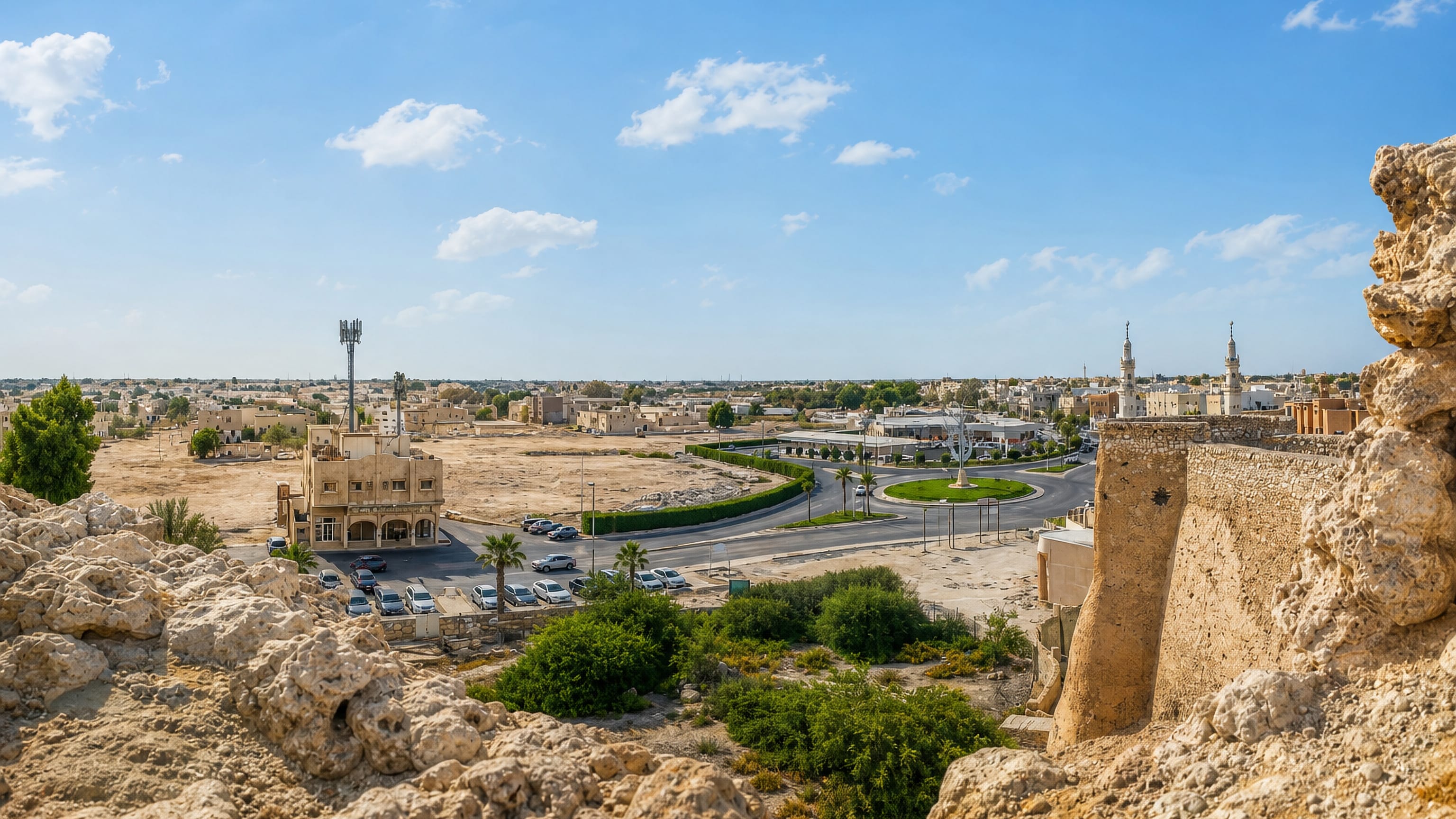 Al Qatif's low-rise houses and mosque minarets seen from the weathered stone ruins of its old fort.
