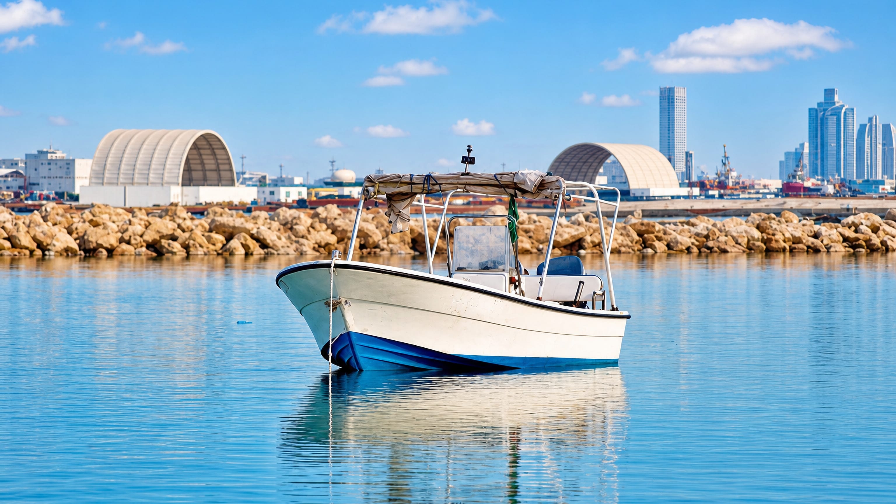 Small boat moored in calm blue water off Dammam with the Saudi port and distant towers beyond