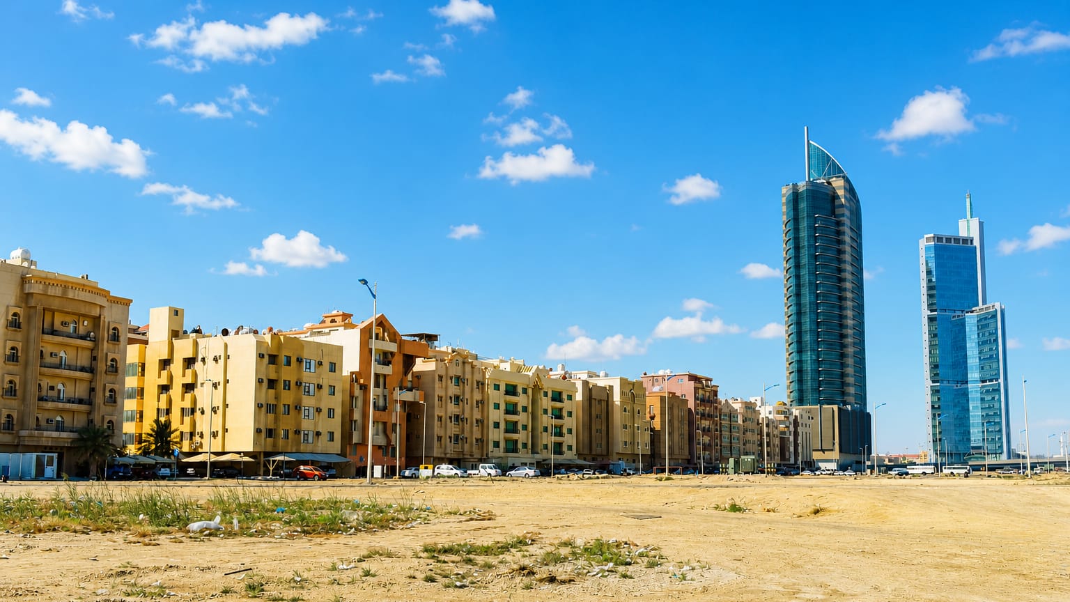 Modern glass towers rising behind beige apartment blocks across a sandy lot in Khobar