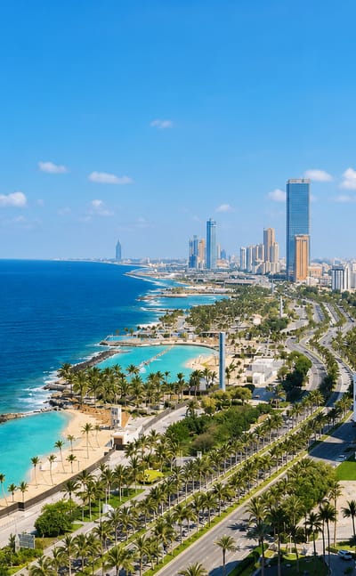 Jeddah's Corniche waterfront along the turquoise Red Sea with palm-lined boulevard and modern skyscrapers.