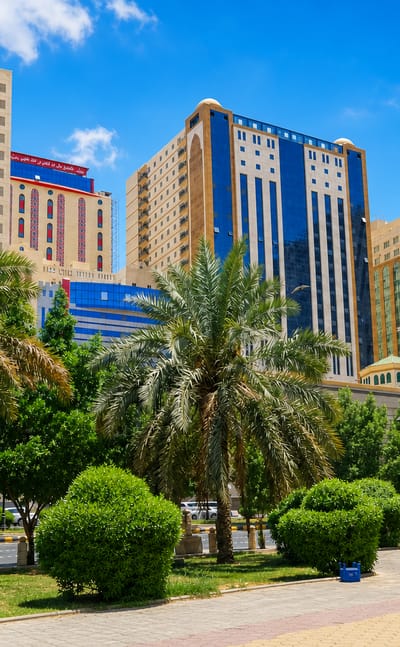 Ajyad district in Makkah with palm-lined gardens, mid-rise hotel towers and a bare rocky mountain behind under a bright sky