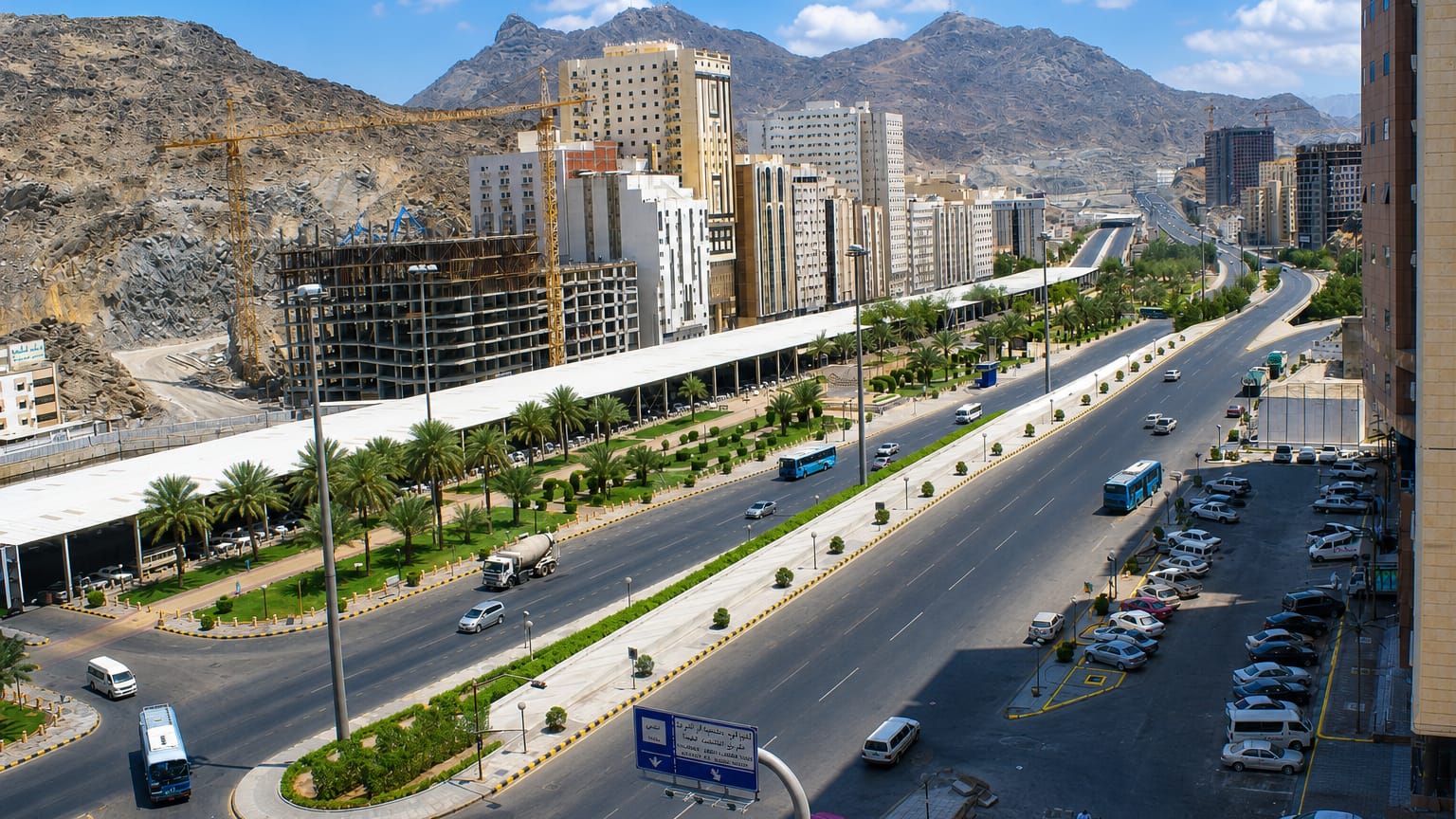 Wide daytime view of Aziziyah, Makkah, with a multi-lane highway, mid-rise buildings and dry rocky mountains in the distance
