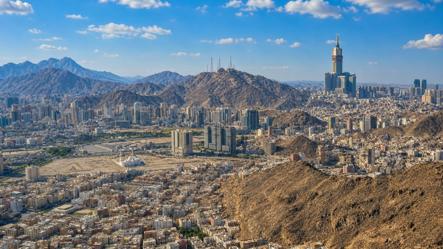 Makkah sprawling across barren mountains with the Makkah Royal Clock Tower rising above the city.