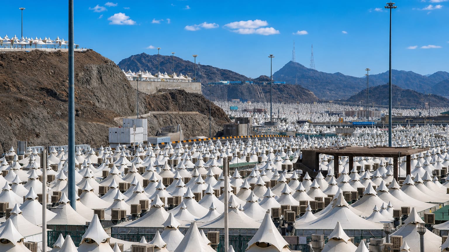 Rows of white air-conditioned pilgrim tents beneath the hills of Mina near Makkah