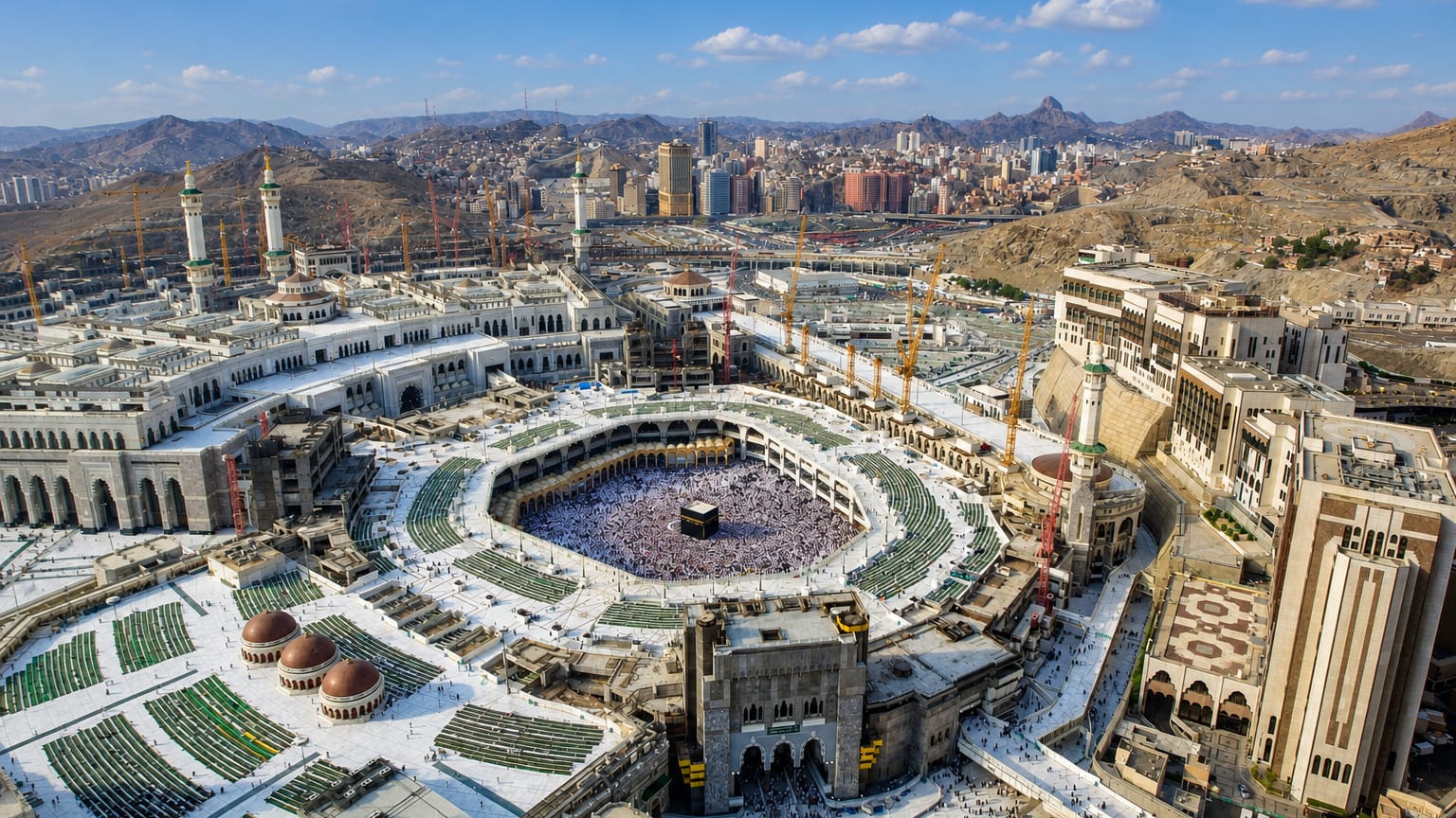 The Masjid al-Haram and Kaaba surrounded by the Suq Al Lail district of Makkah