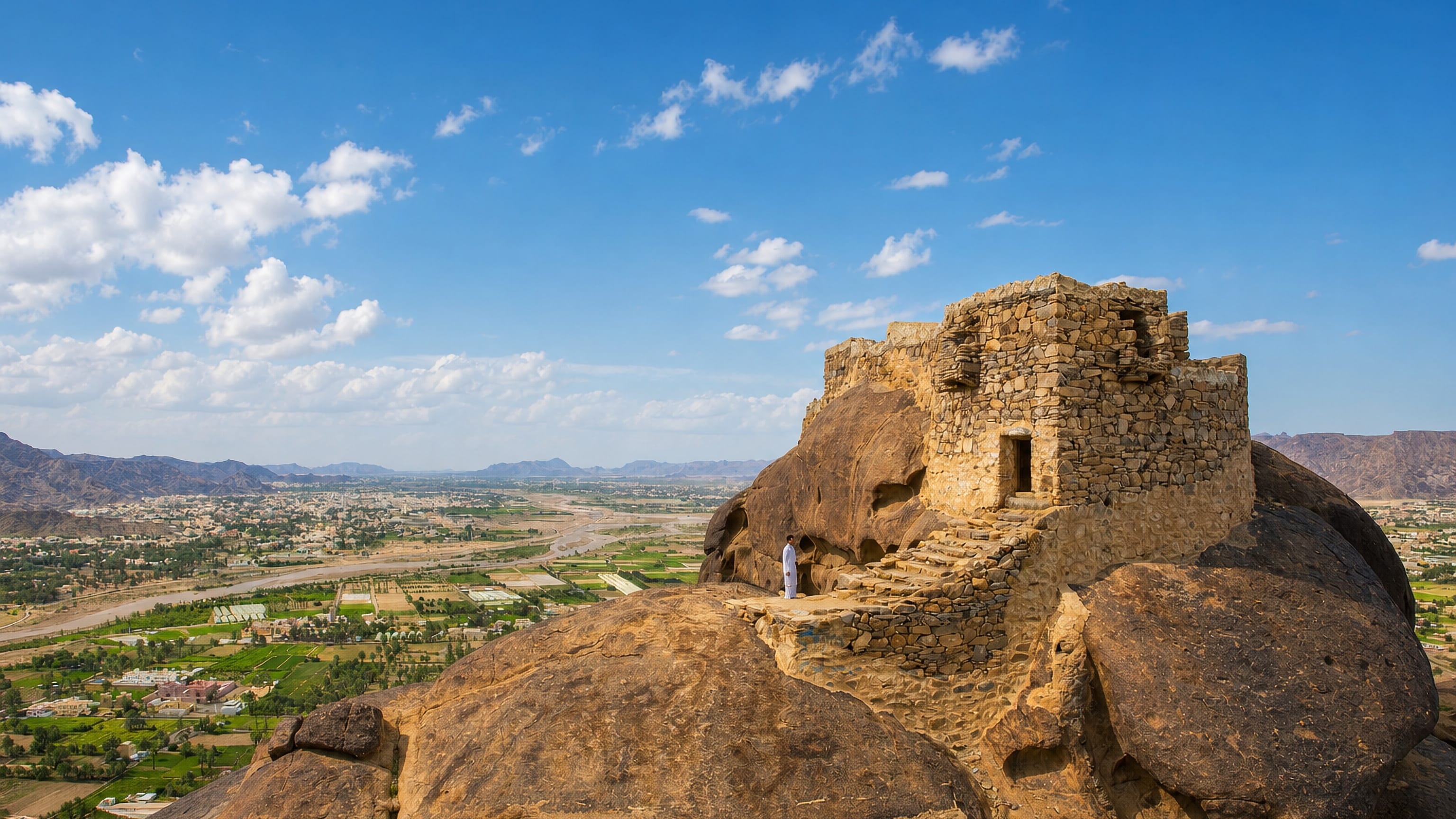 Stone hilltop fort on a rocky outcrop above the palm-filled Najran valley and its wadi in Saudi Arabia.