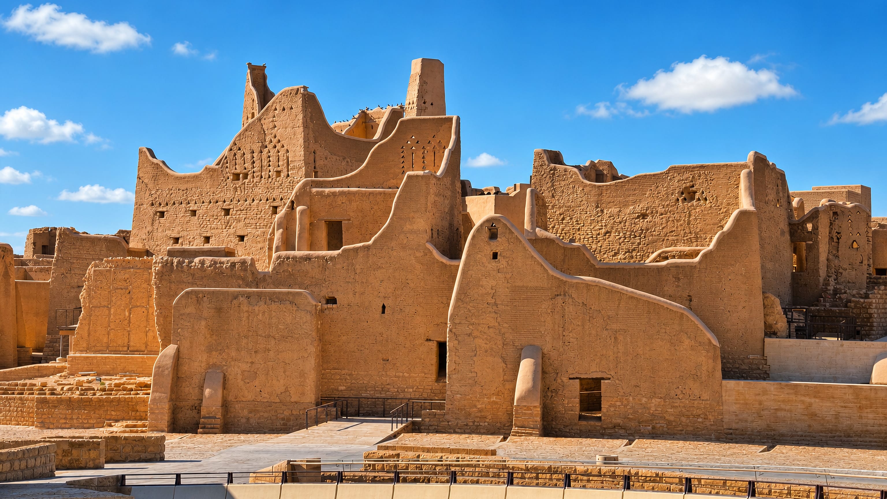 Mud-brick palace walls of the At-Turaif district in Ad Dir‘īyah, Saudi Arabia, above a reflecting pool