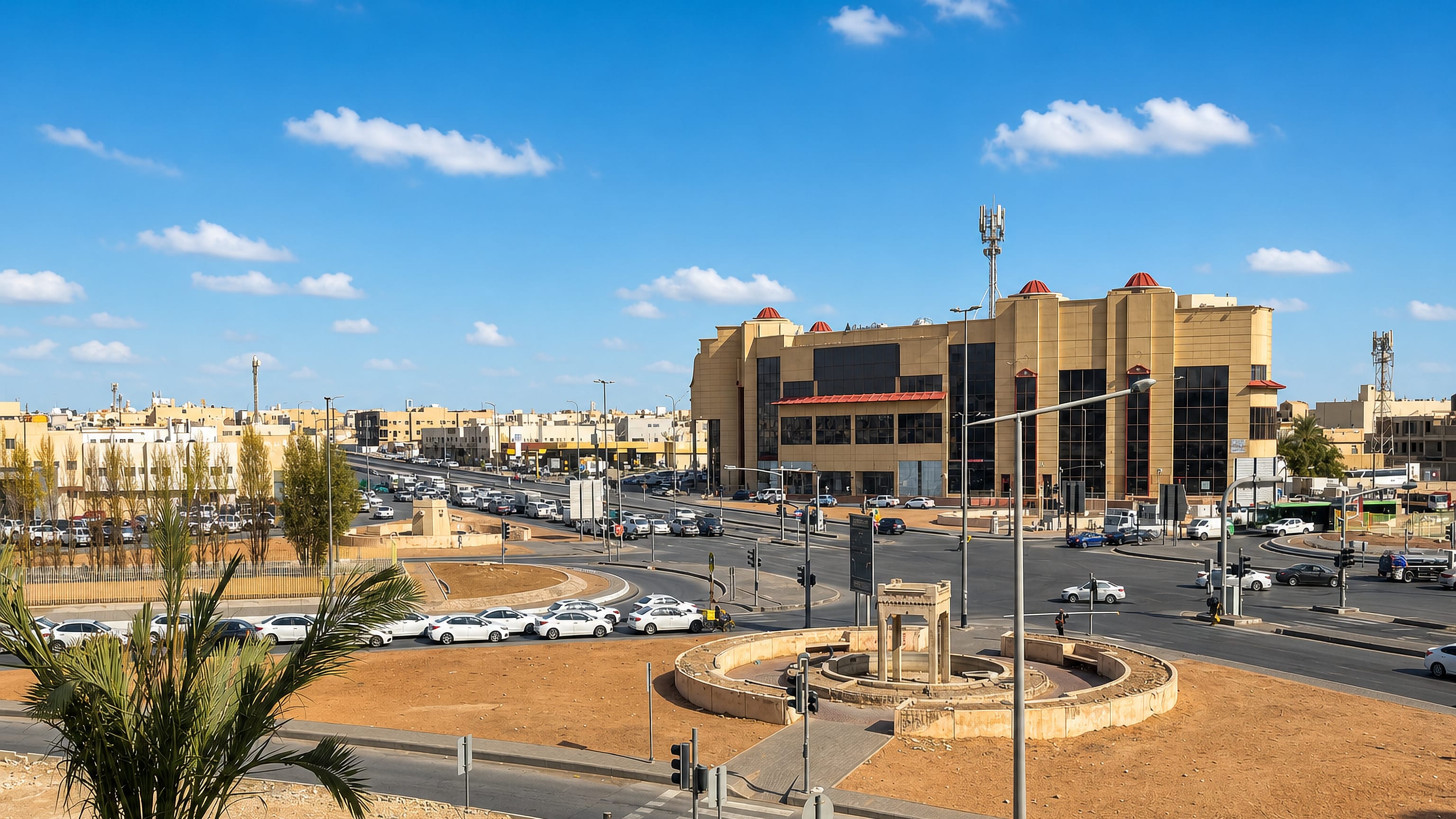 Sand-coloured shopping centre and busy roundabout junction in the Al Mansurah district of Riyadh.