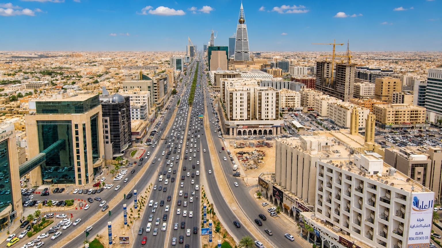 Riyadh's King Fahd Road with heavy traffic and the Al Faisaliah and Kingdom towers rising in the skyline.