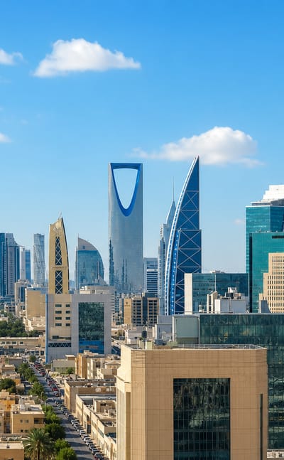 Riyadh skyline with the Kingdom Centre and Al Faisaliah towers rising over the Olaya district