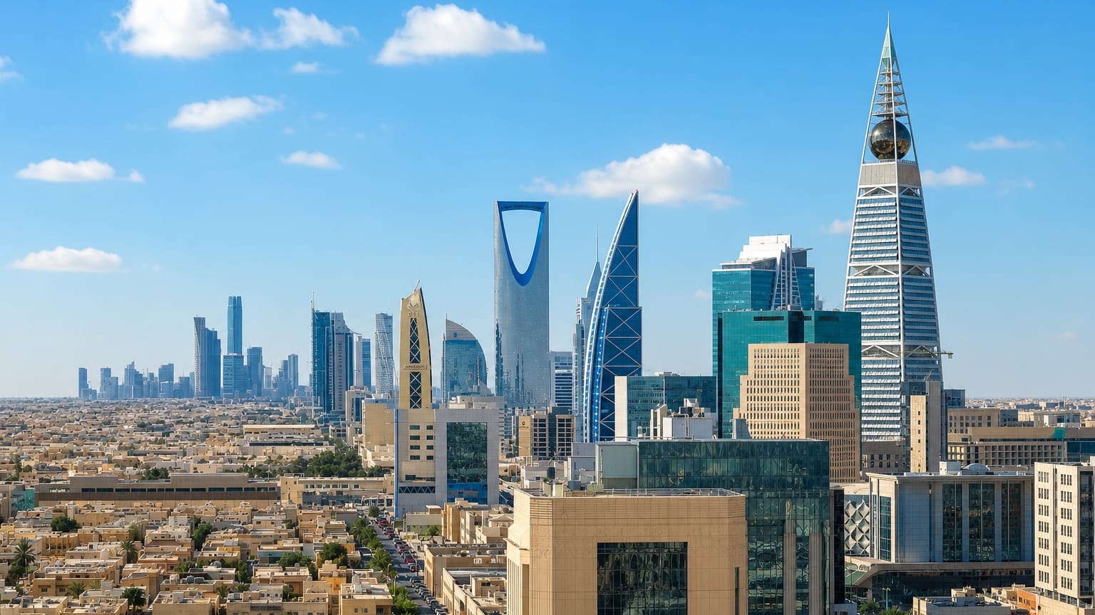 Riyadh skyline with the Kingdom Centre and Al Faisaliah towers rising over the Olaya district