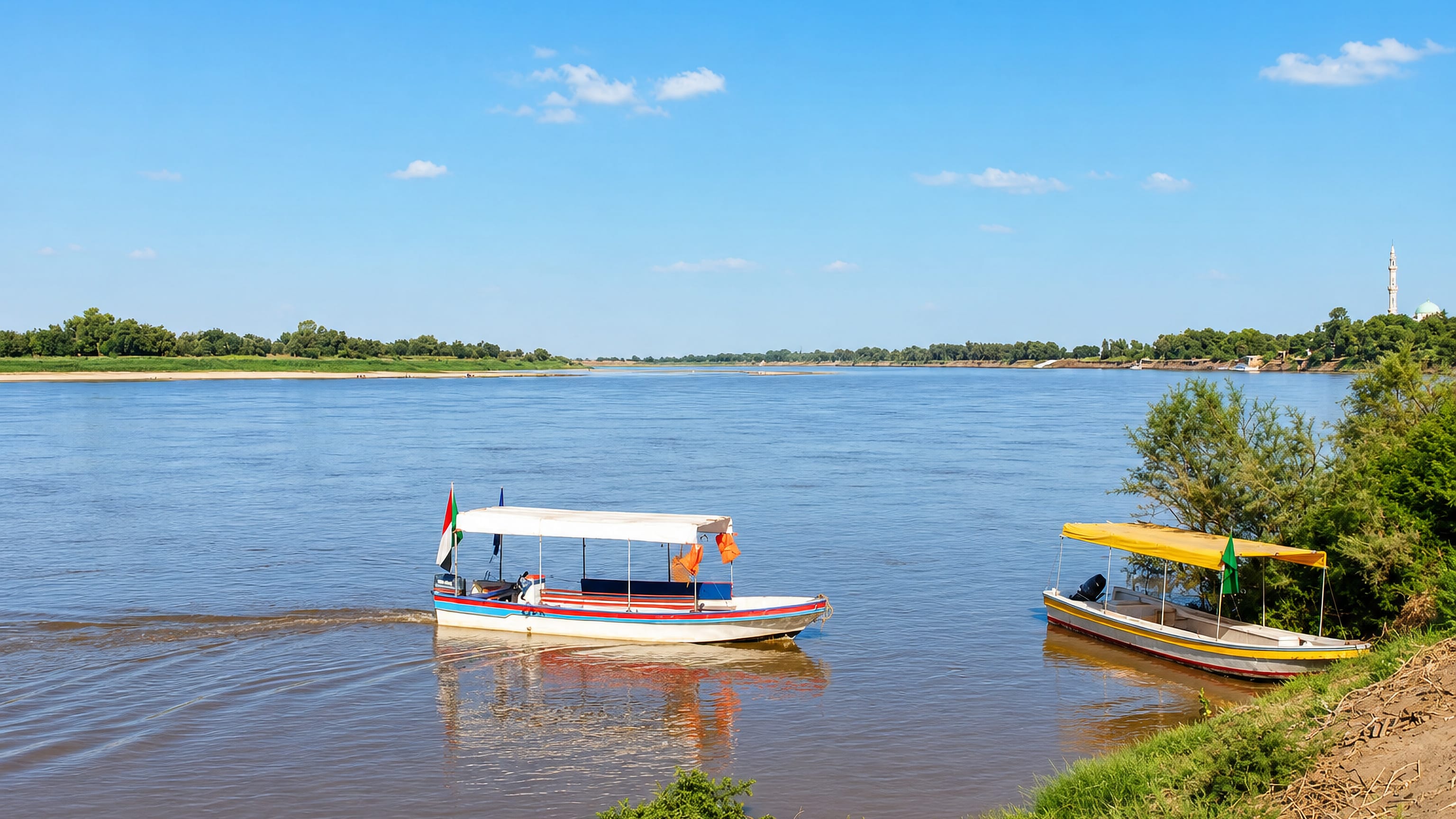 Small passenger boats moored on the Blue Nile at Wad Medani, Sudan, with a minaret on the far bank.