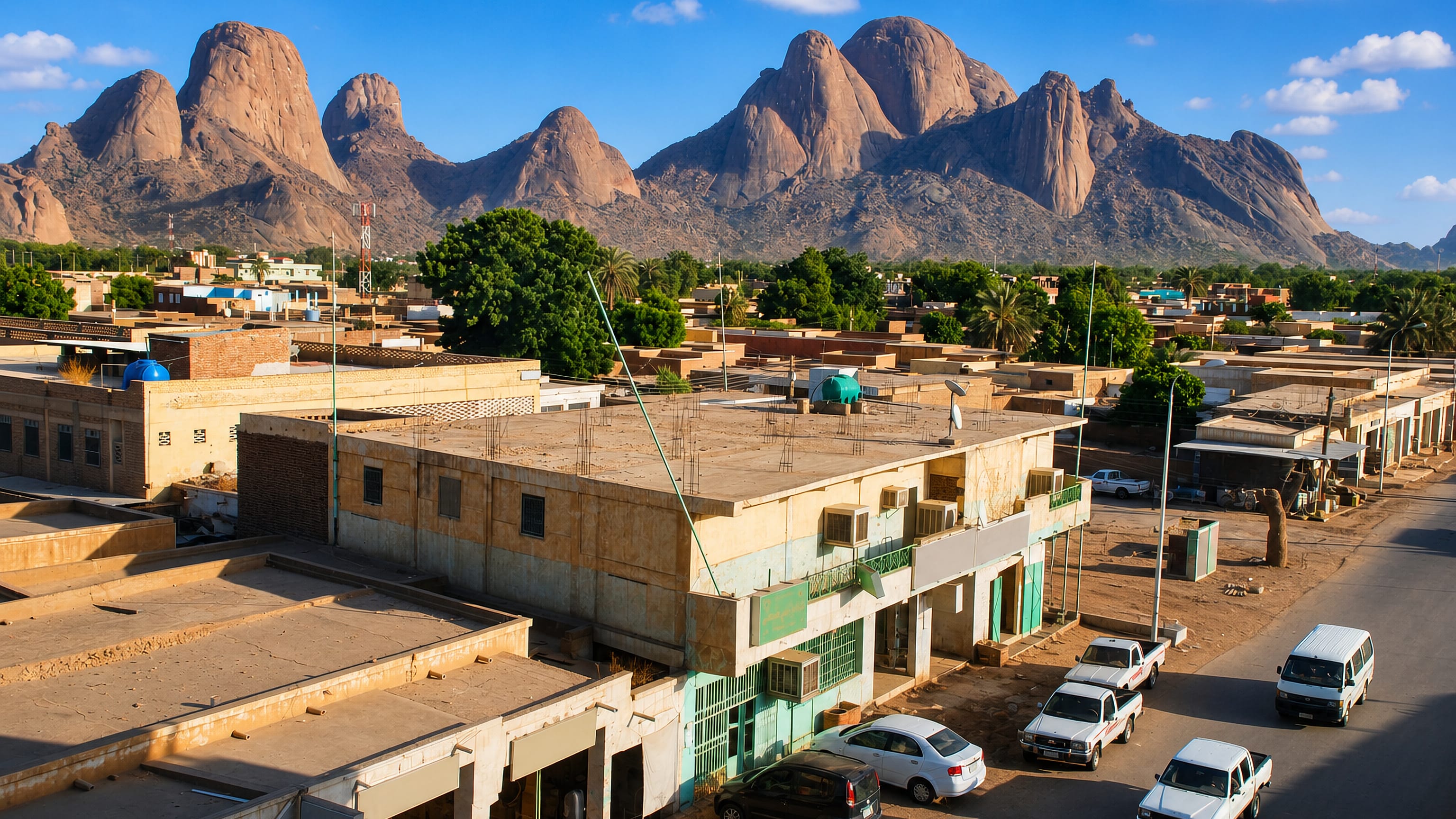 Kassala, Sudan, low streets and shopfronts beneath the rounded granite domes of the Taka Mountains.