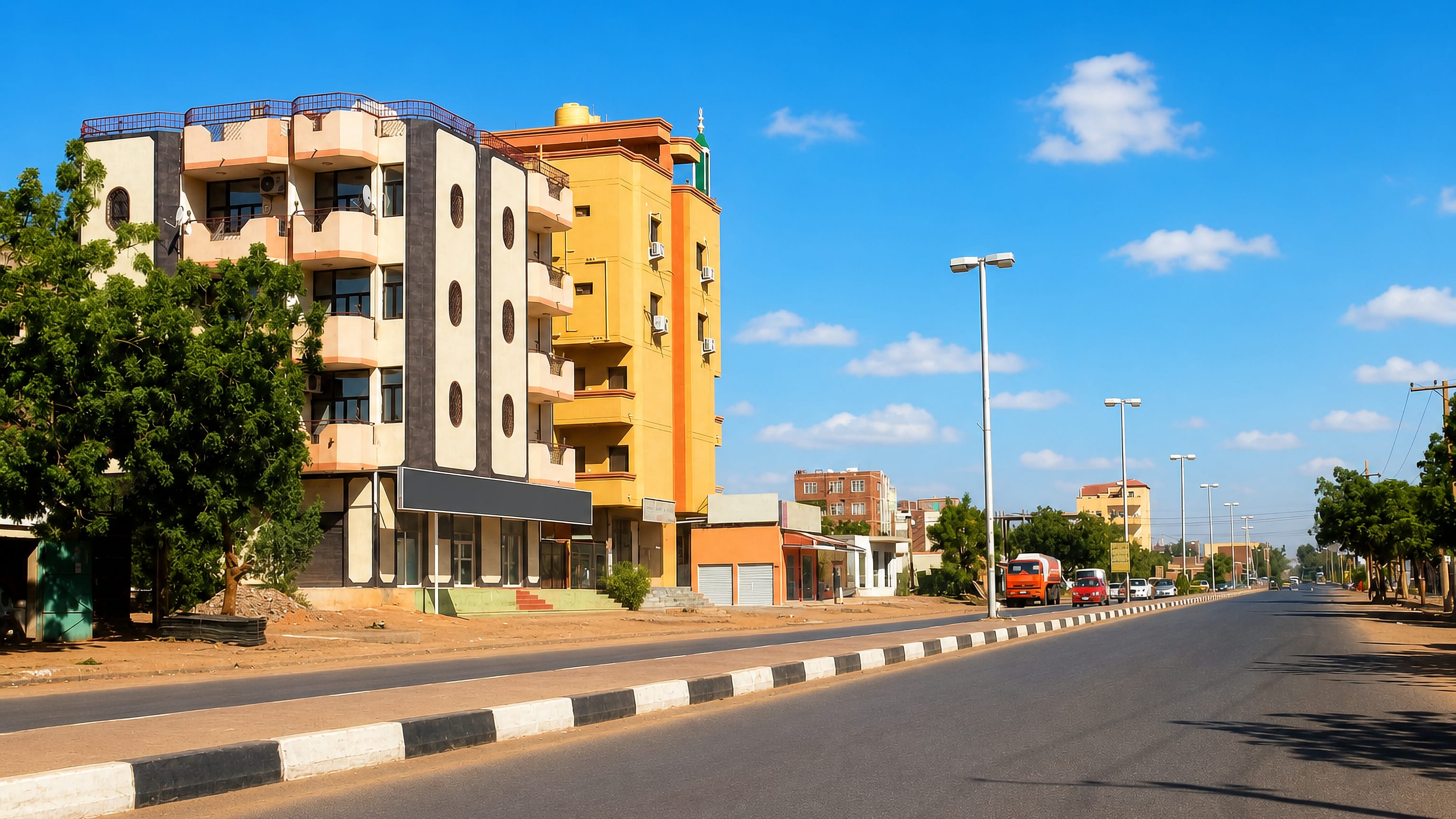 Wide sunny boulevard in Khartoum North, Sudan, lined with ochre and cream apartment blocks and shopfronts.