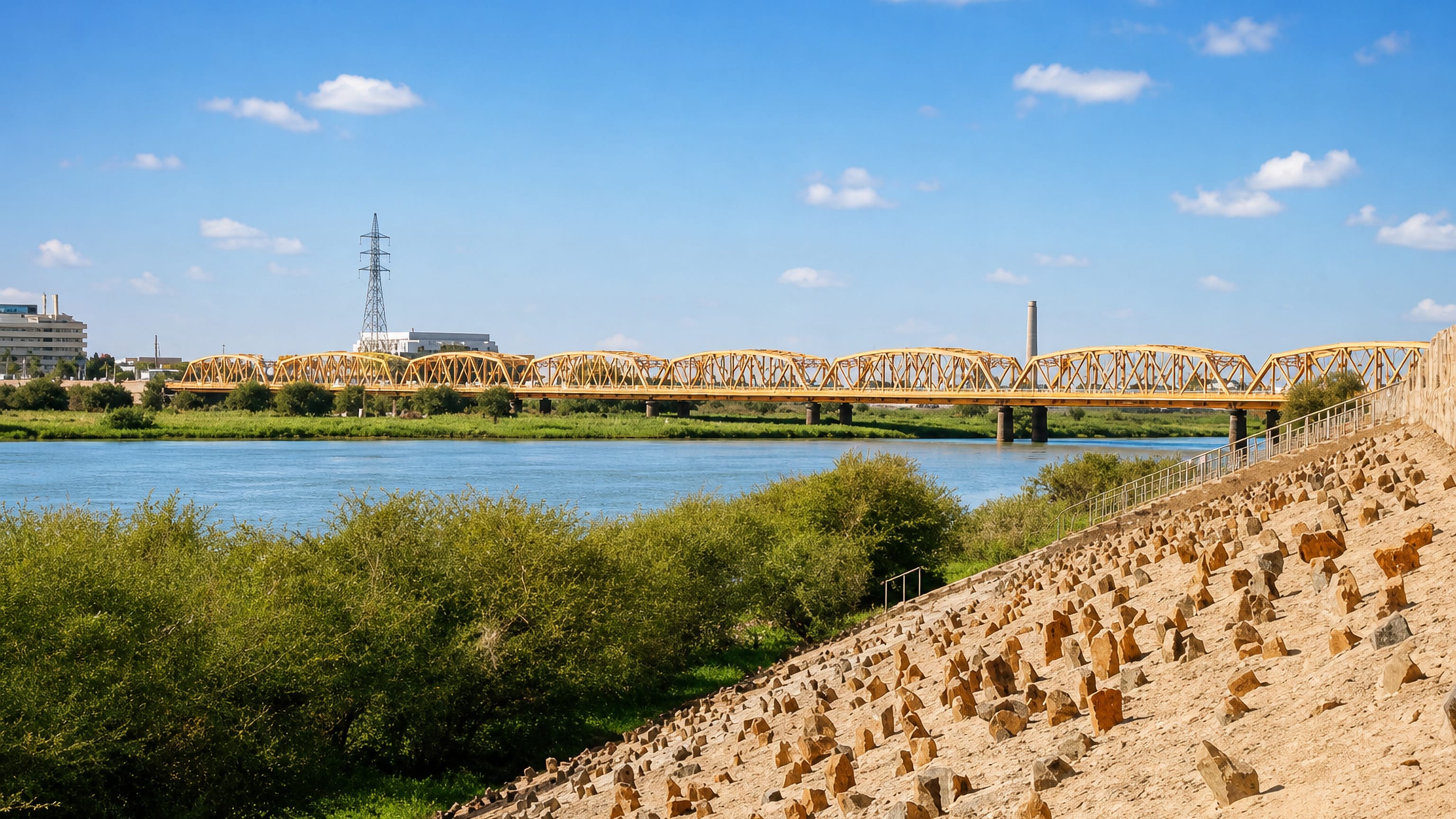 A yellow steel truss bridge spanning the Nile beside a stone-clad embankment at Omdurman, Sudan.