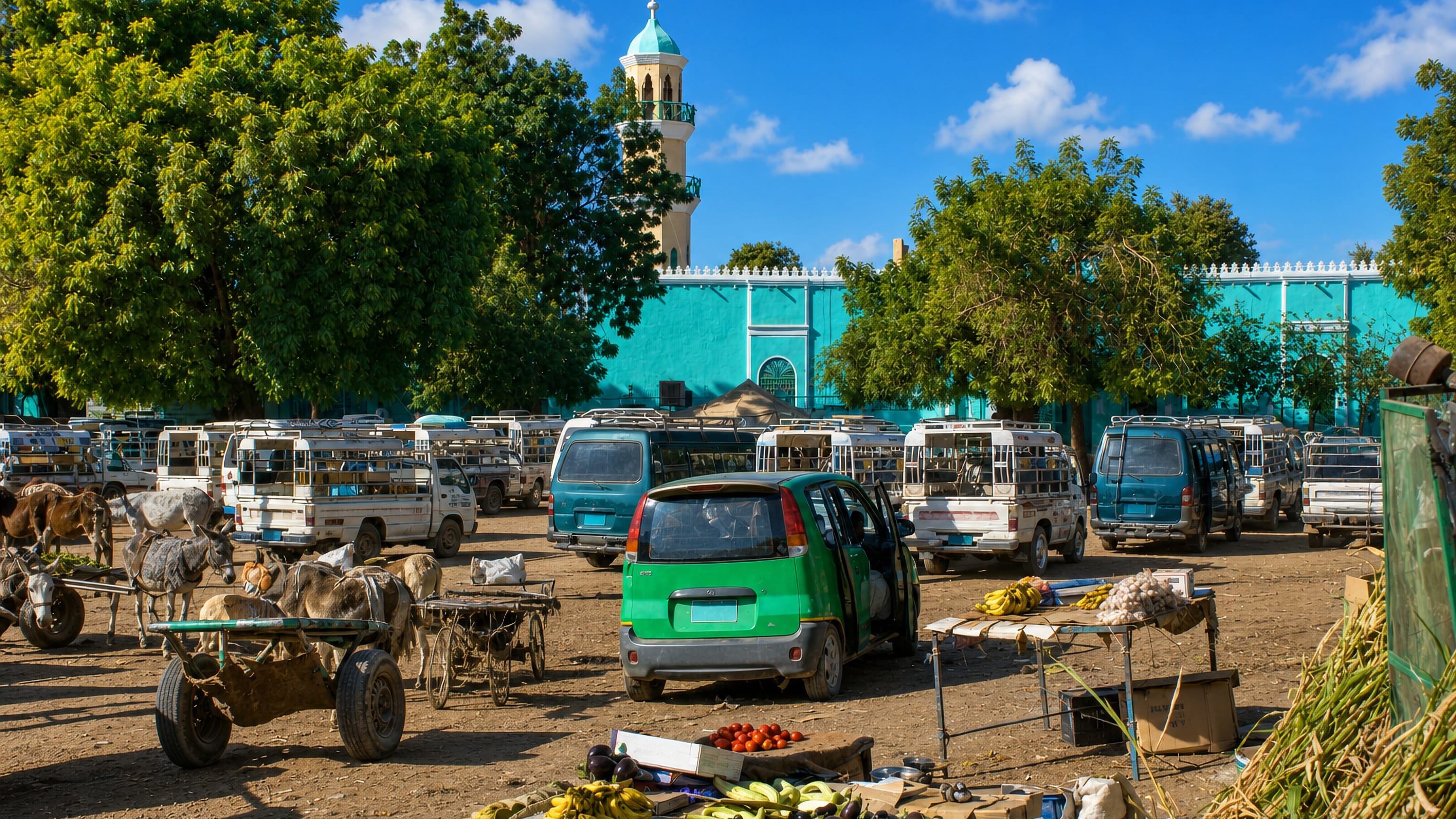 Open-air market in Dongola, Sudan, with donkey carts, minibuses and produce stalls below a turquoise mosque minaret
