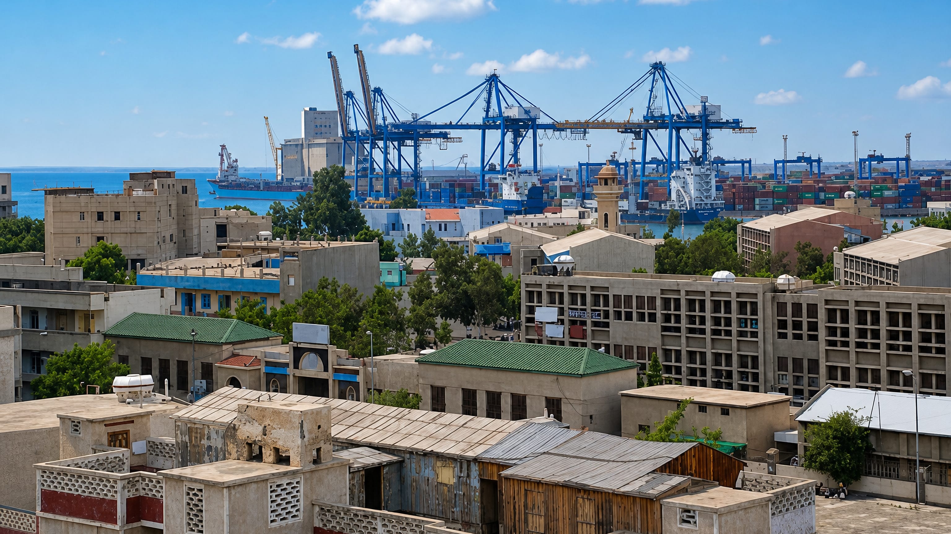 Port Sudan rooftops and a minaret above the Red Sea container terminal's blue gantry cranes