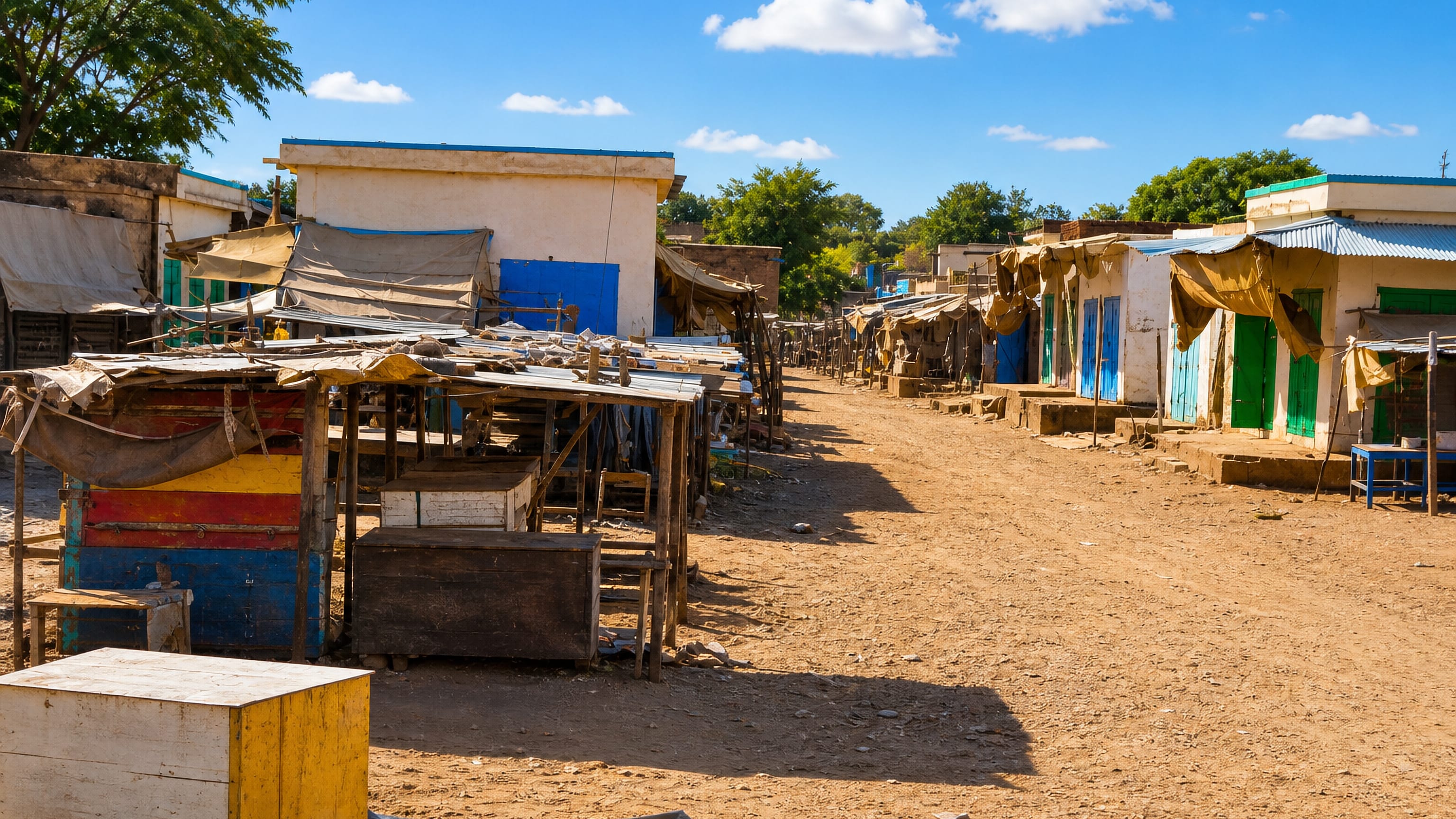 Dusty market street of tin-roofed stalls and painted shopfronts under a blue sky in Al-Junaynah, Sudan.