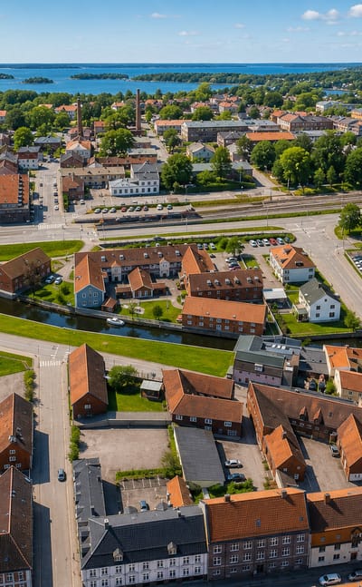 Aerial view of Karlshamn, Sweden, showing its canal, red-roofed old town and Baltic archipelago beyond.