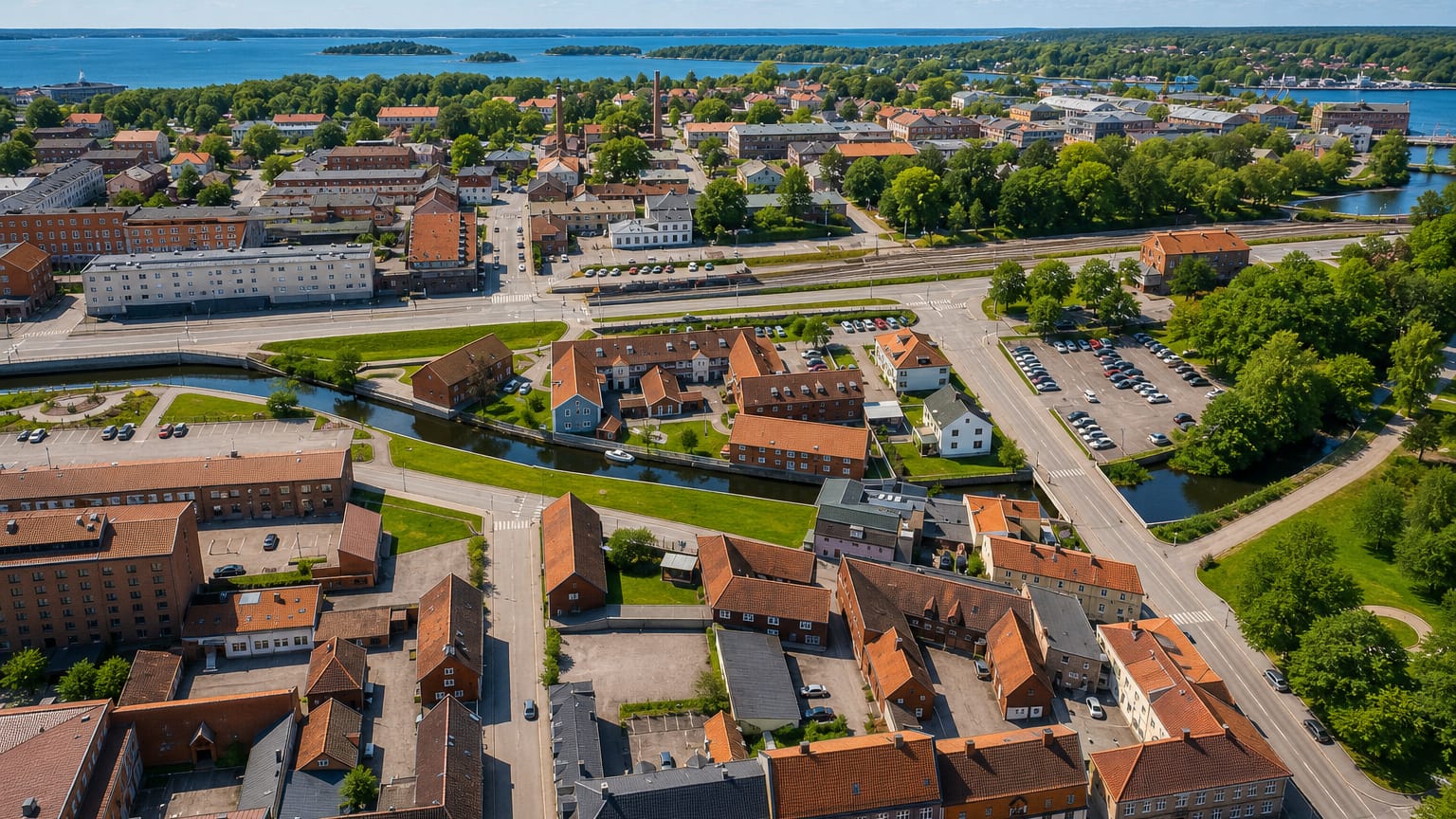 Aerial view of Karlshamn, Sweden, showing its canal, red-roofed old town and Baltic archipelago beyond.
