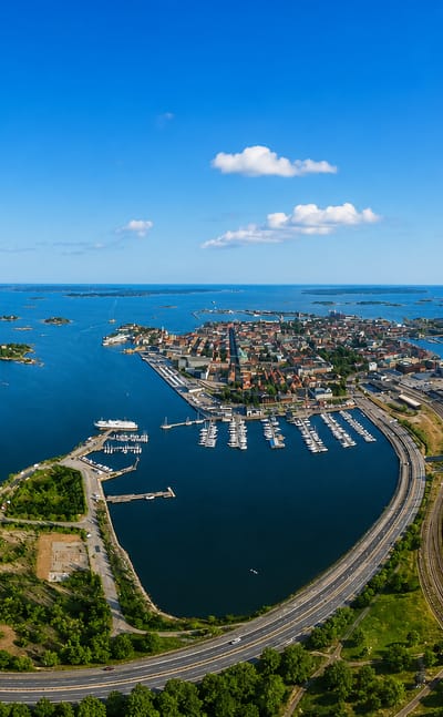 Aerial view of Karlskrona, Sweden, its island town, marina and archipelago spread across the Baltic