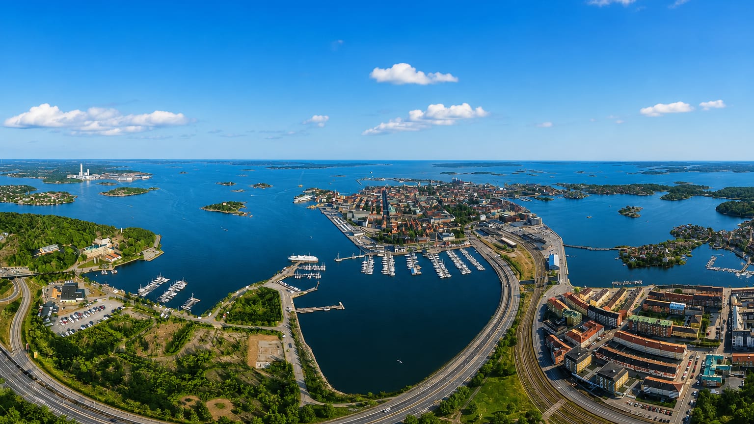 Aerial view of Karlskrona, Sweden, its island town, marina and archipelago spread across the Baltic