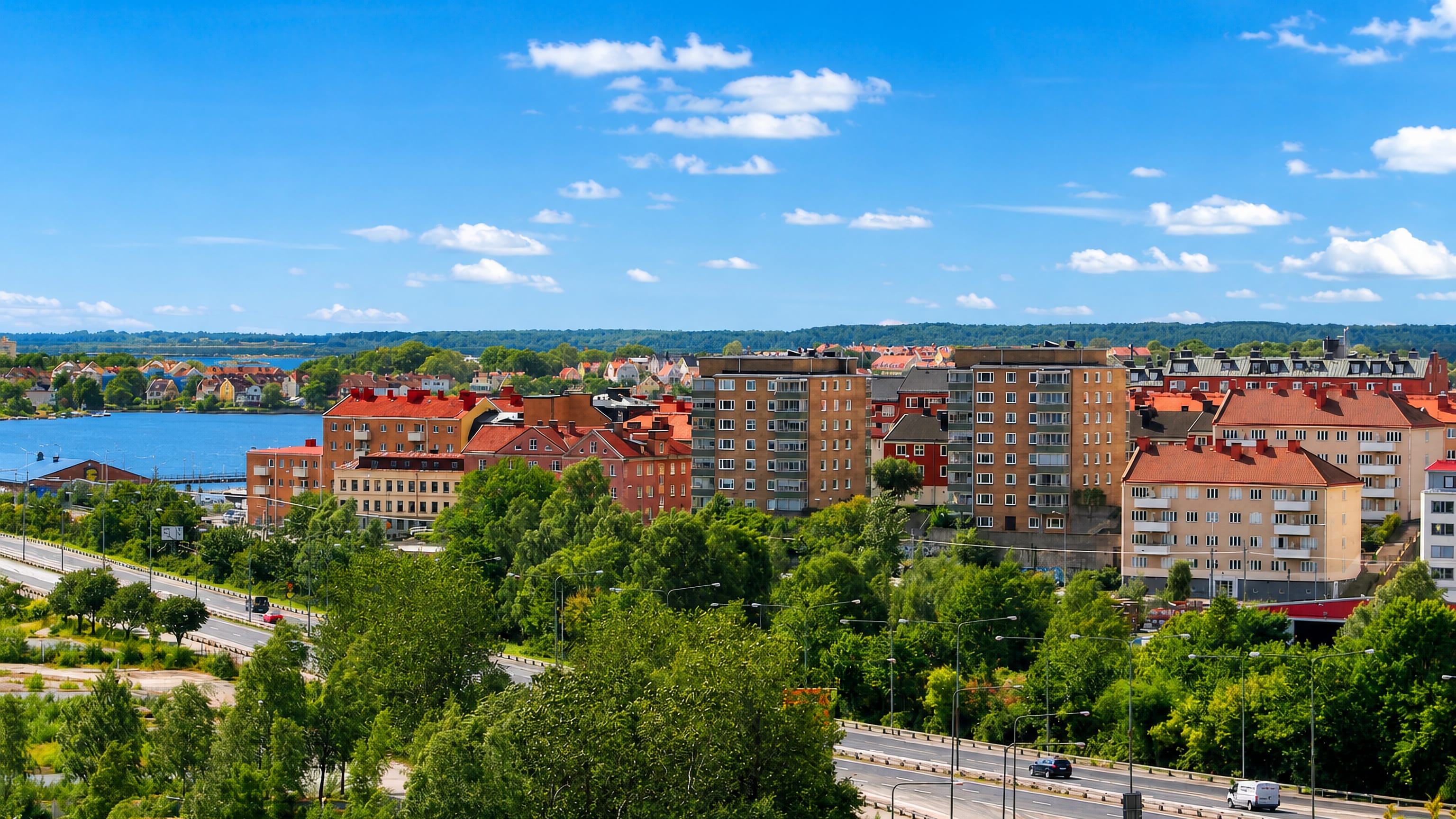 Pantarholmen district in Karlskrona, Sweden, with red-roofed apartment blocks, greenery and archipelago water beyond under a blue sky.